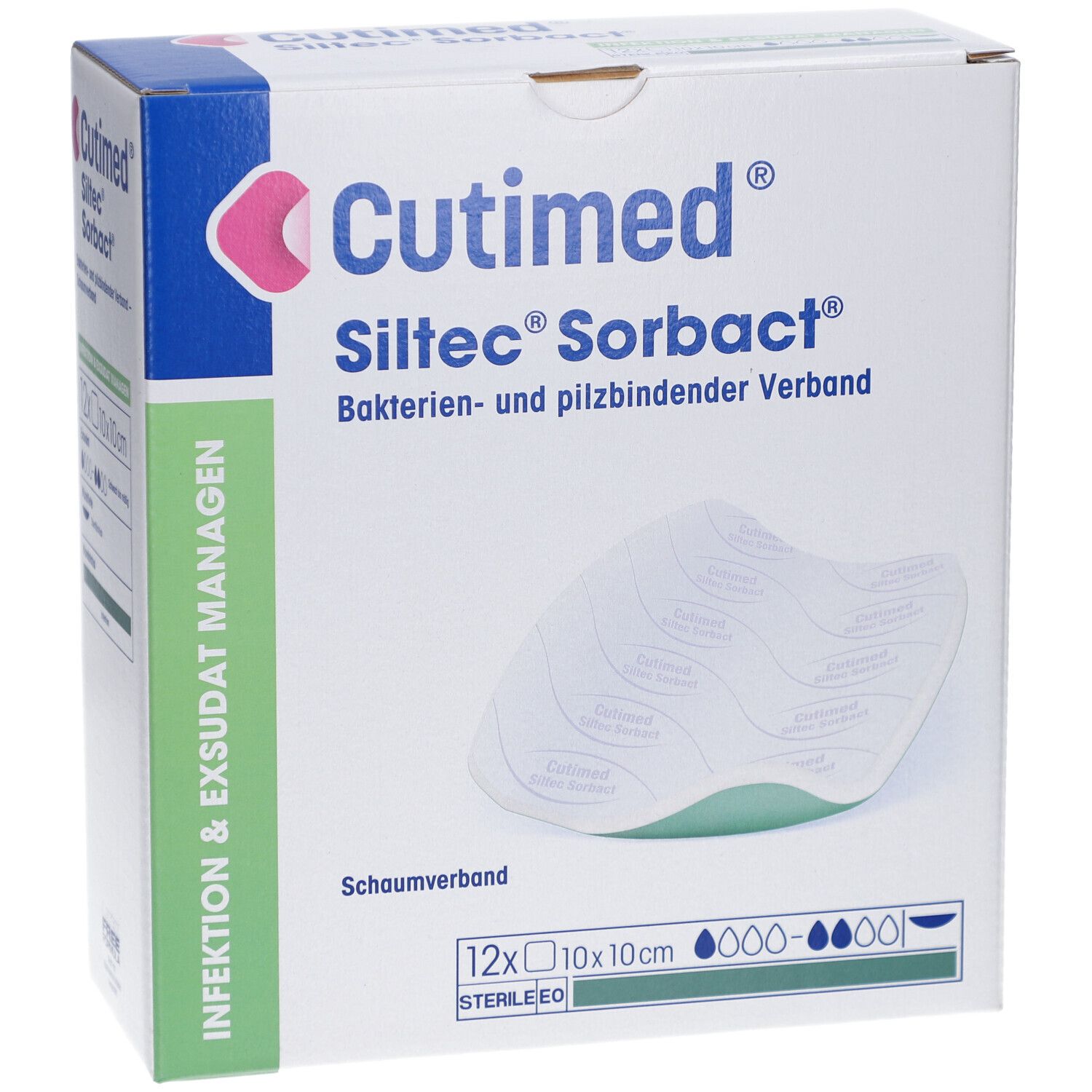 Cutimed Siltec Sorbact Verpackung. 12 Stück, 10x10cm. Schaumverband. Box mit Produktabbildung.