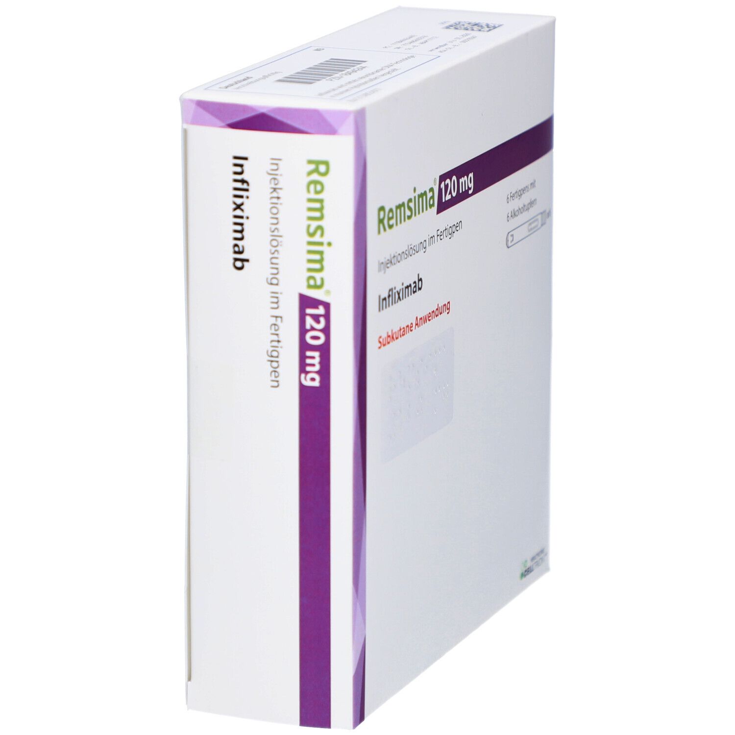 Schrägansicht der Verpackung von REMSIMA 120 mg Injektionslösung im Fertigpen. Aufschrift: Infliximab, subkutane Anwendung.