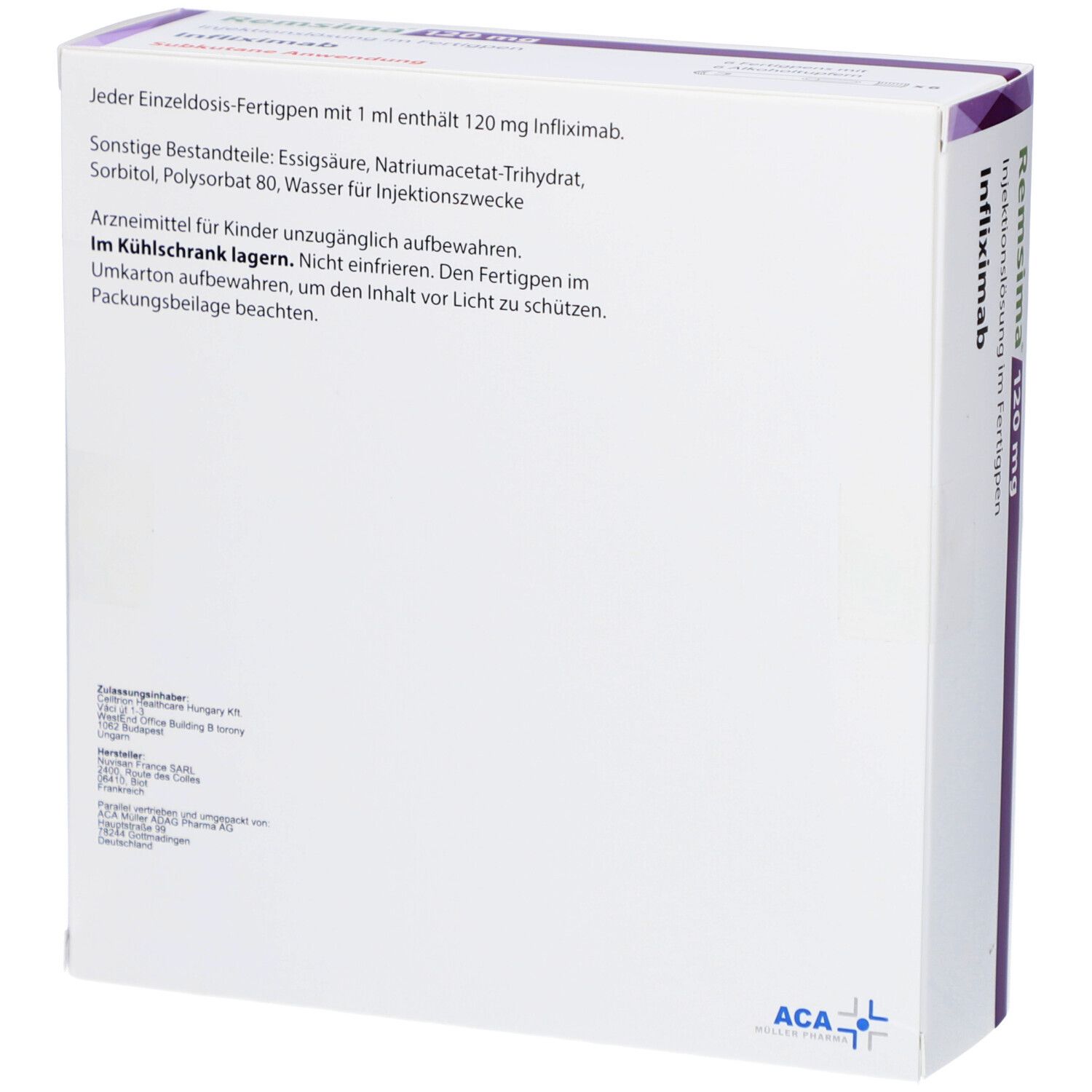 Rückseite der Verpackung von REMSIMA 120 mg Injektionslösung im Fertigpen. Text mit Inhaltsstoffen und Lagerhinweisen: Im Kühlschrank lagern.