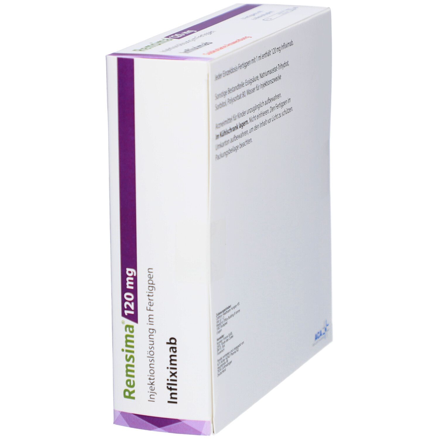 Schrägansicht der Verpackung von REMSIMA 120 mg Injektionslösung im Fertigpen. Aufschrift: Infliximab, subkutane Anwendung.
