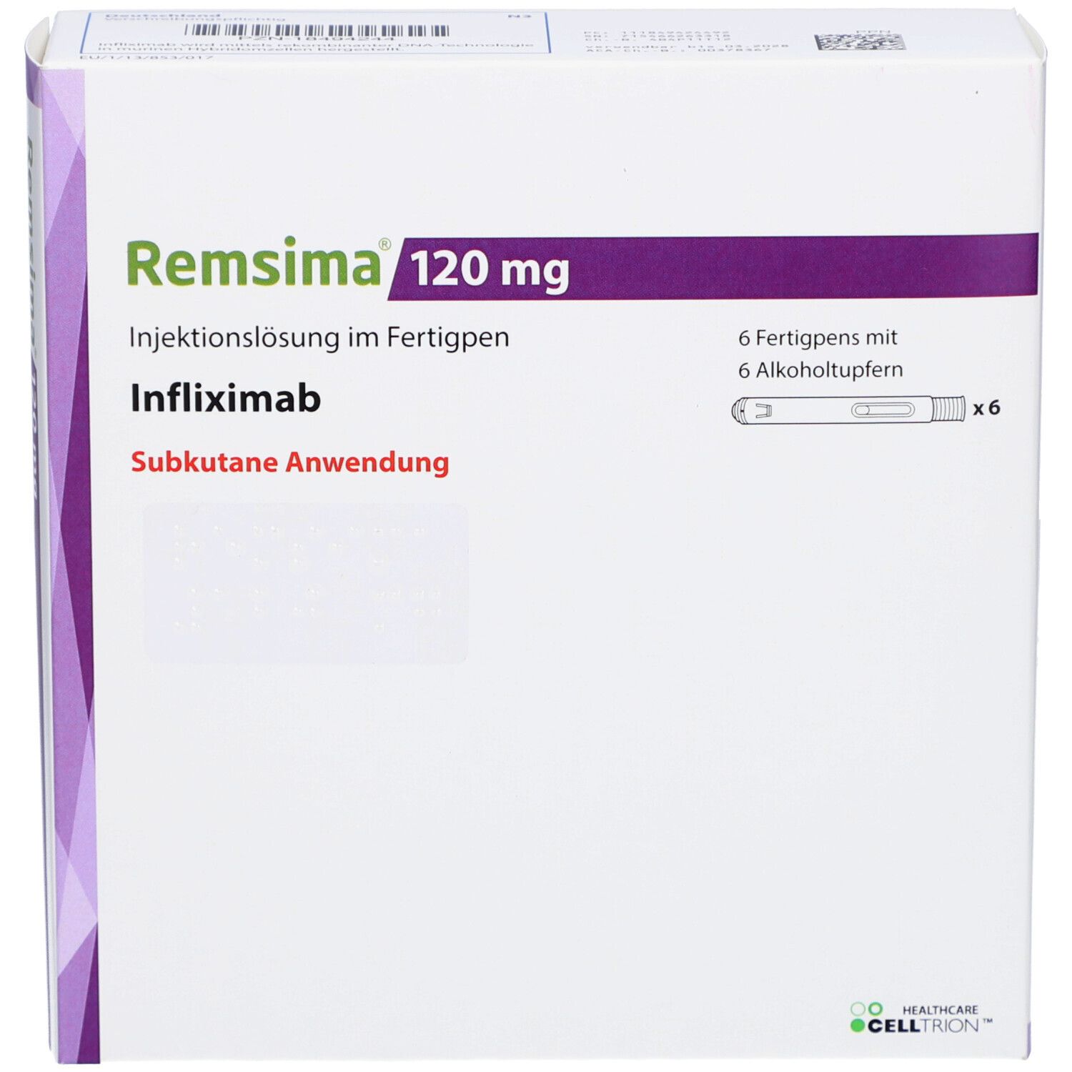 Verpackung von REMSIMA 120 mg Injektionslösung im Fertigpen. Enthält 6 Fertigpens und Alkoholtücher. Aufschrift: Infliximab, subkutane Anwendung.