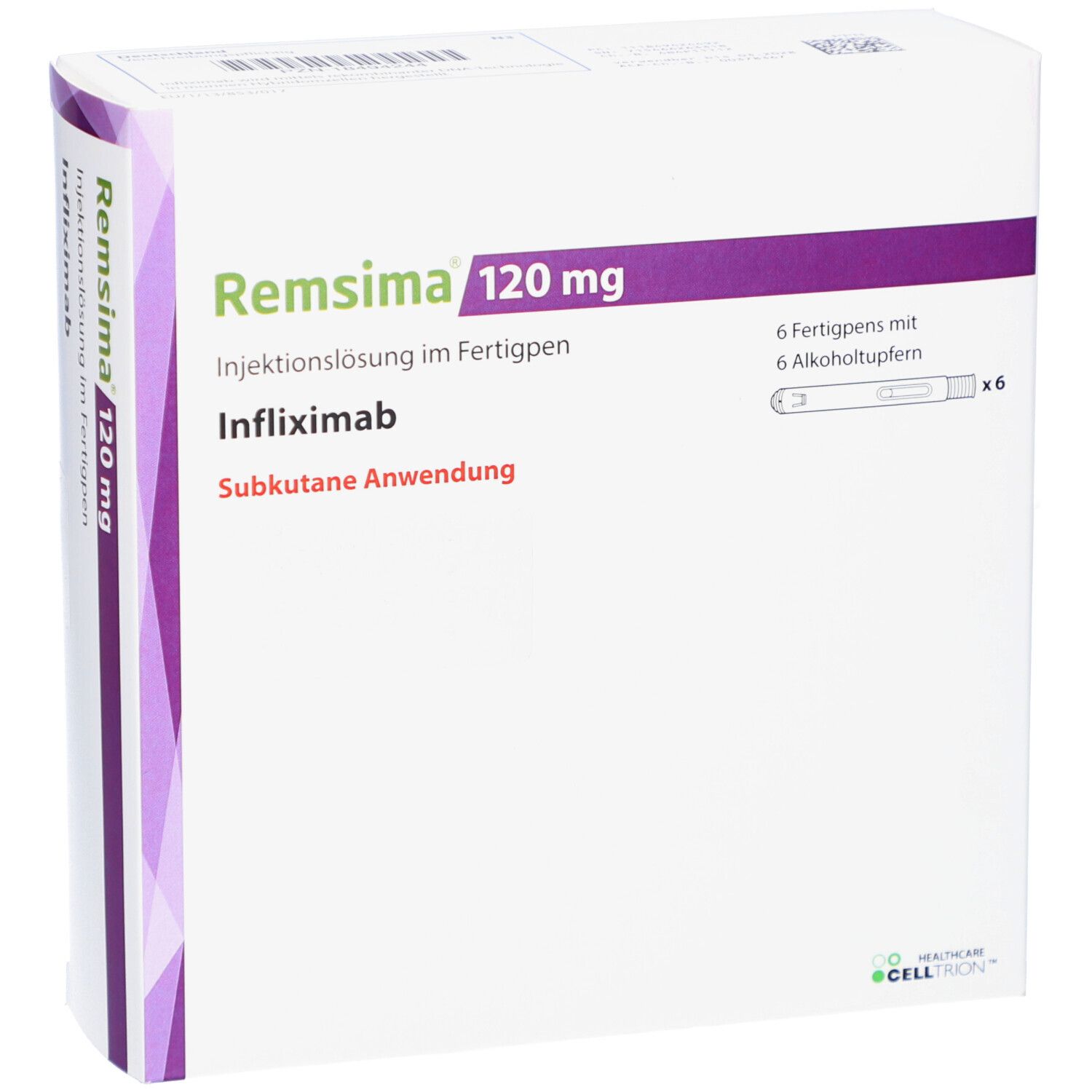 Verpackung von REMSIMA 120 mg Injektionslösung im Fertigpen. Enthält 6 Fertigpens und Alkoholtücher. Aufschrift: Infliximab, subkutane Anwendung.