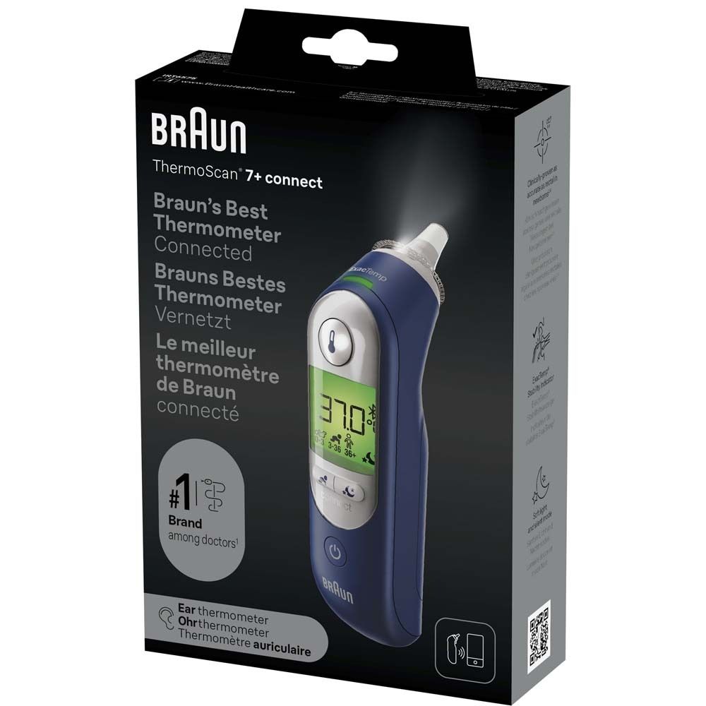 Ohrthermometer in Verpackung. Blau-weißes Gerät mit Display. Marke Braun, Modell ThermoScan 7+ connect. #1 unter Ärzten.