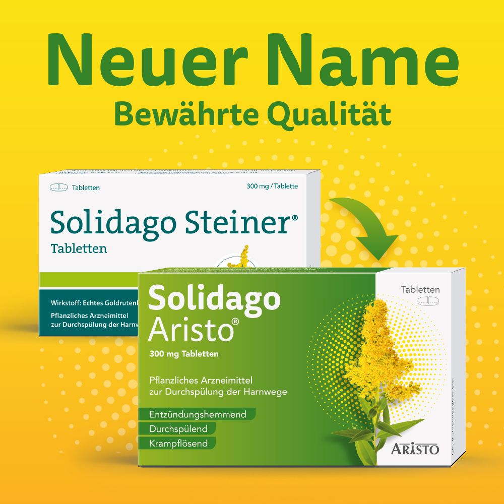 Verpackung Solidago Aristo 300 mg Tabletten, Nachfolger von Solidago Steiner Tabletten.