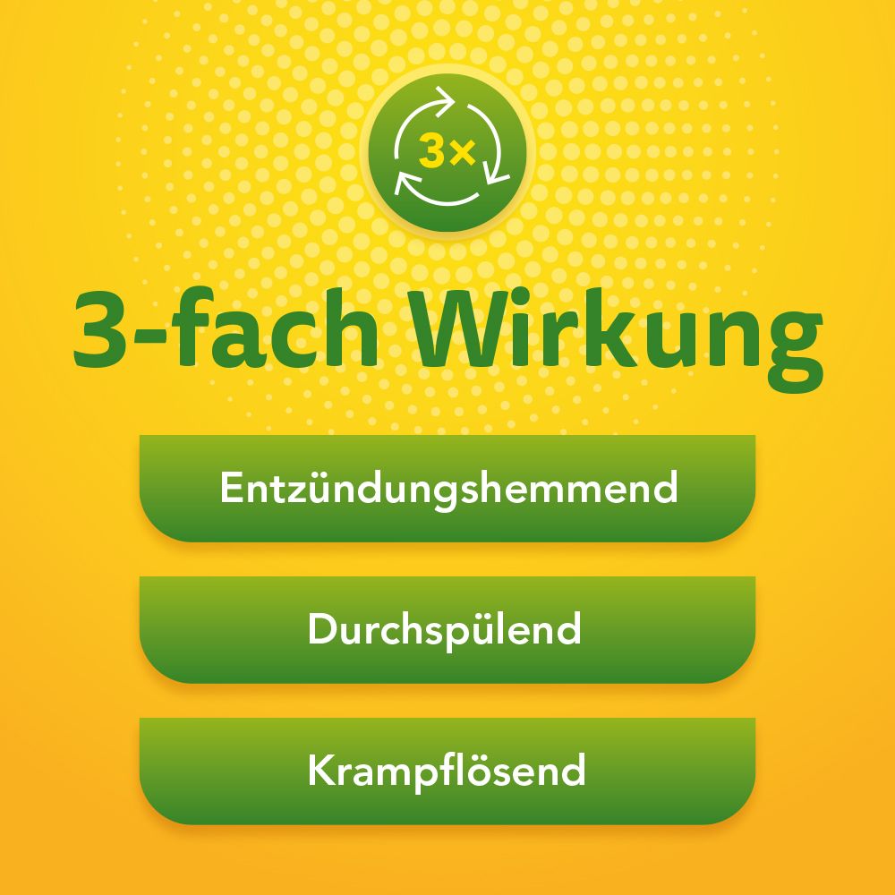 Grafik mit dreifacher Wirkung: Entzündungshemmend, Durchspülend, Krampf lösend.