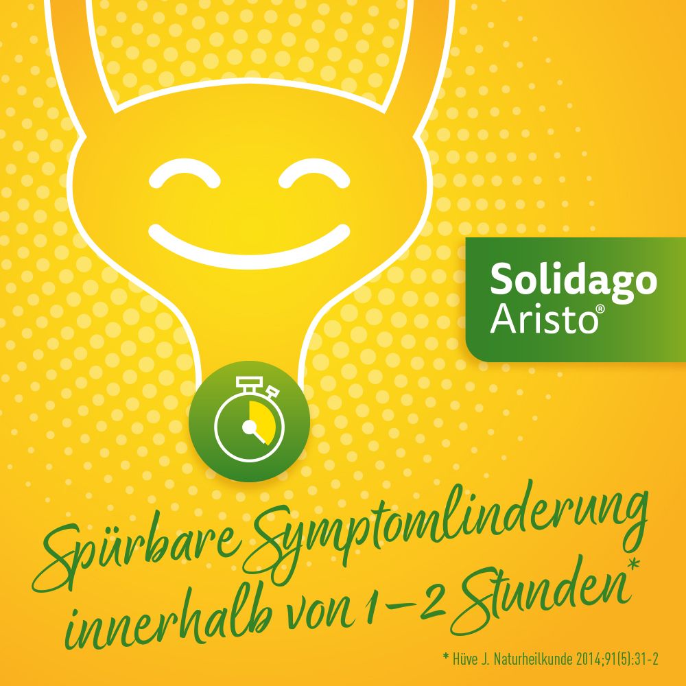 Lächelnde Blase mit Stoppuhr-Symbol. Spürbare Symptomlinderung innerhalb von 1-2 Stunden.