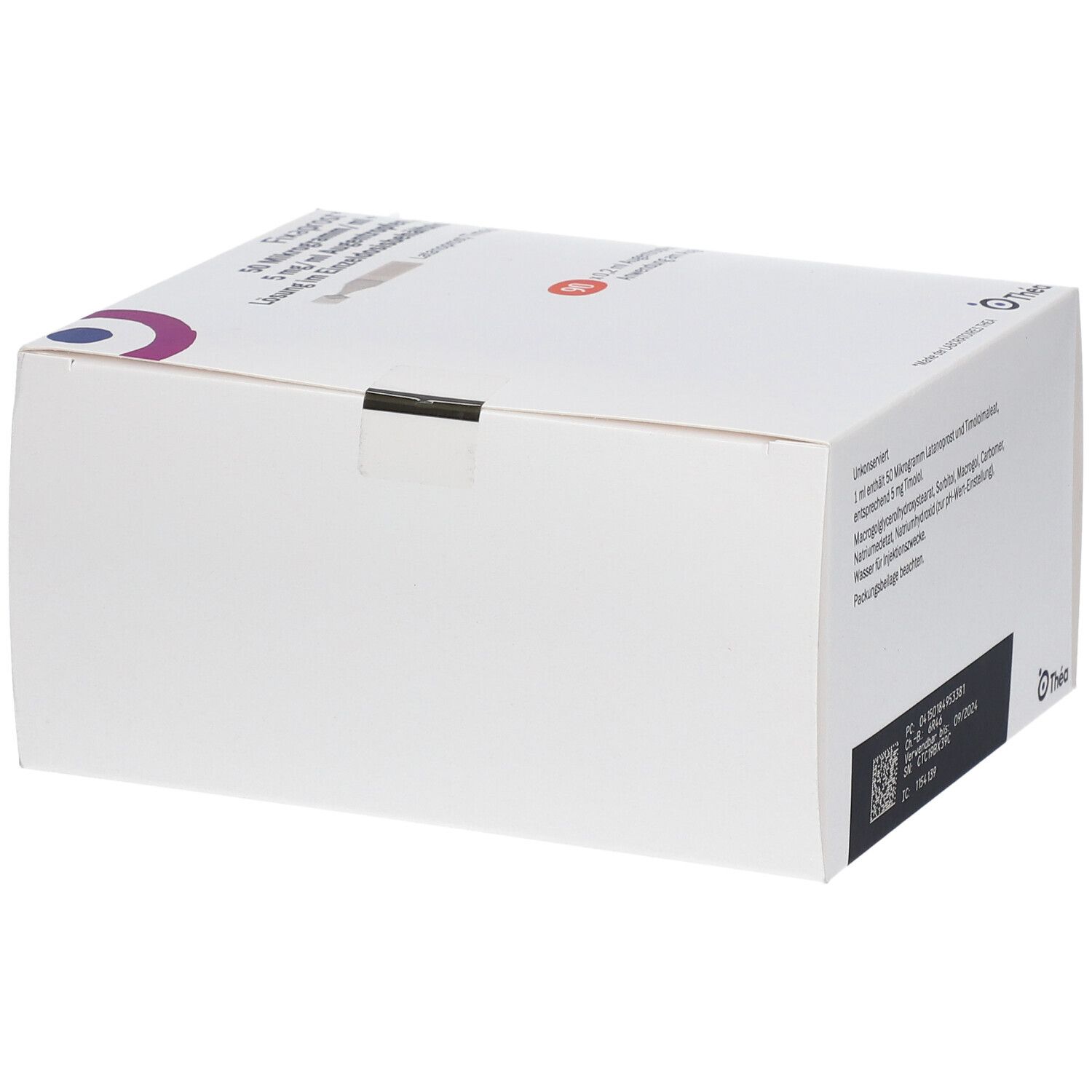 Weißer Karton, Seitenansicht. Aufschrift: Fixaprost 50 Mikrogramm/ml + 5 mg/ml Augentropfen. Logo: Thea. Kleiner schwarzer Bereich mit Code.