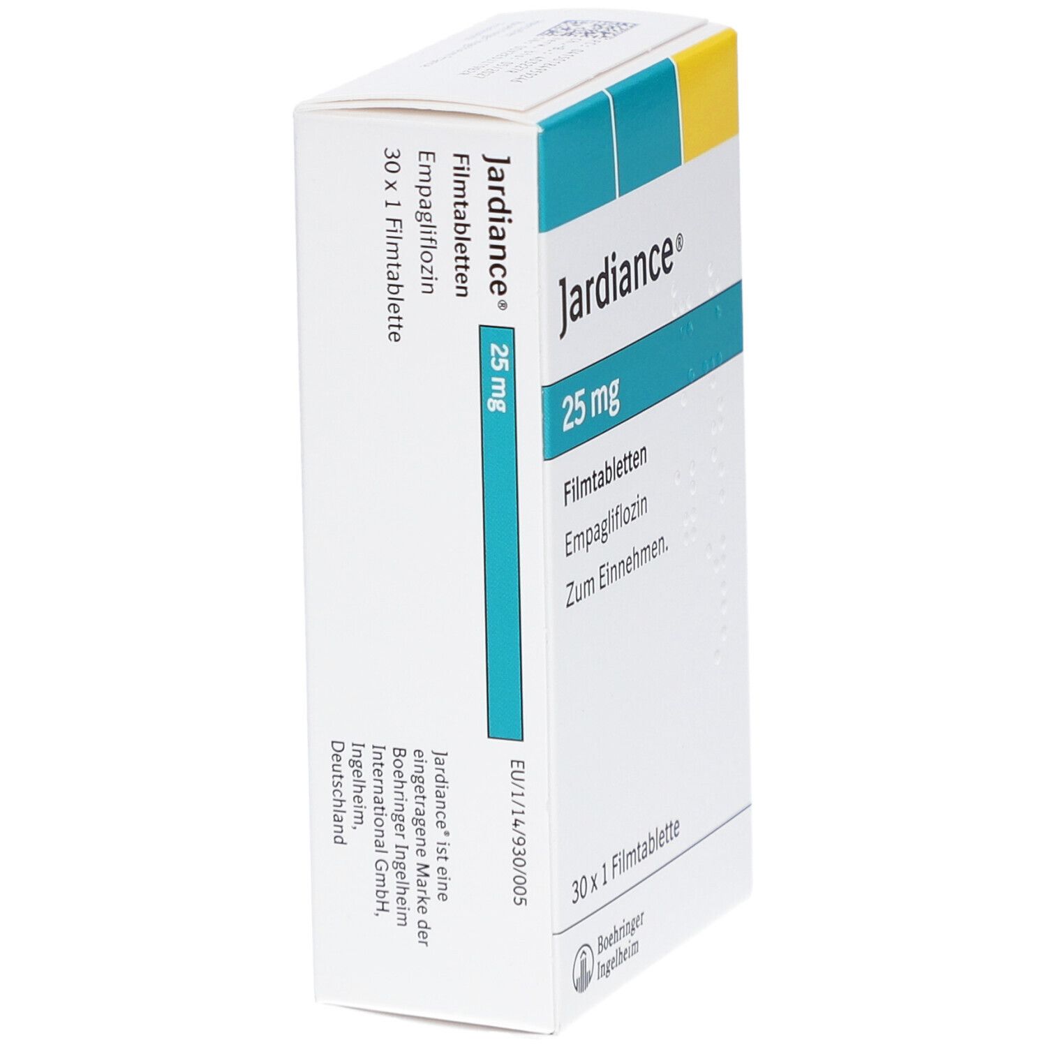 Schachtel mit Filmtabletten Jardiance 25 mg. Seitenansicht. Enthält 30 Tabletten. Hersteller: Boehringer Ingelheim.