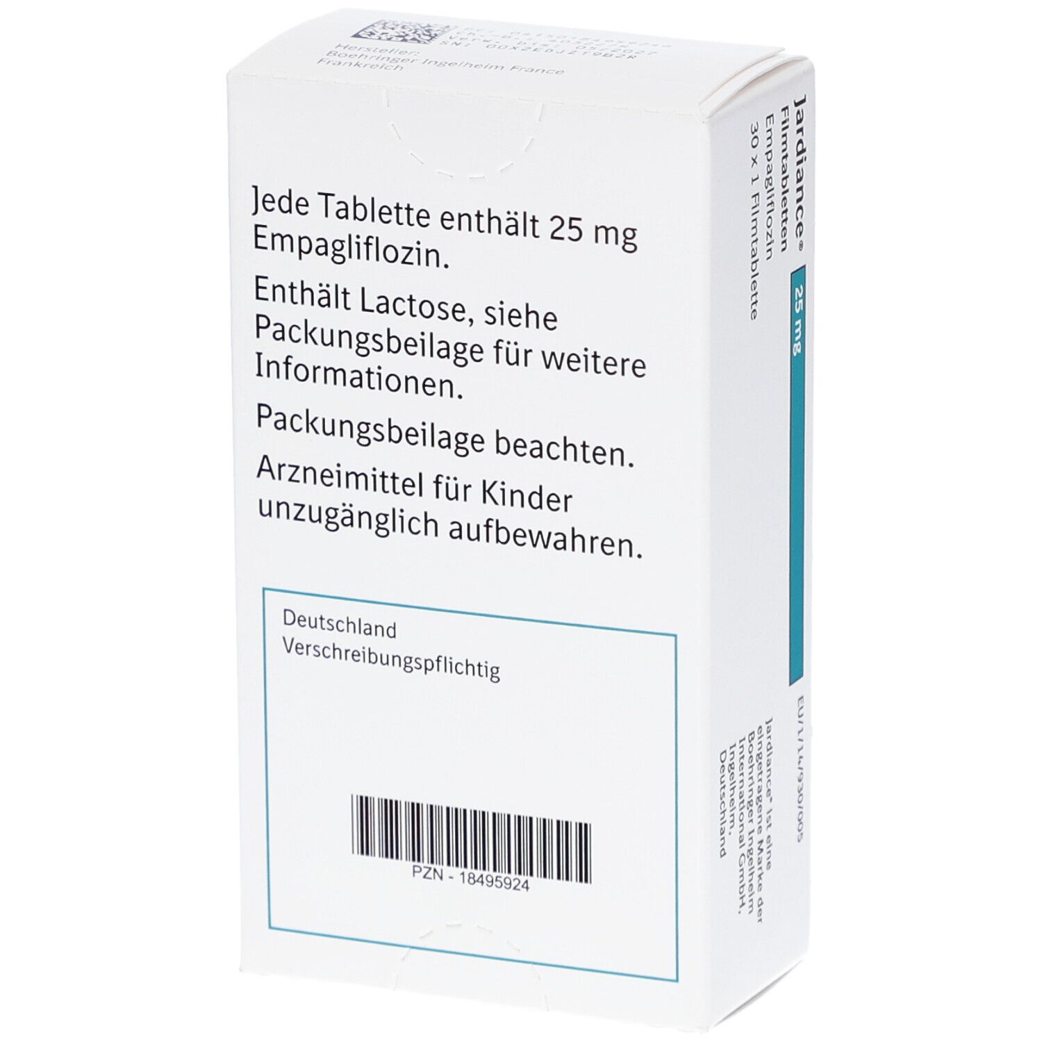 Rückseite der Schachtel mit Filmtabletten Jardiance 25 mg. Textinformationen und Barcode. Hersteller: Boehringer Ingelheim.