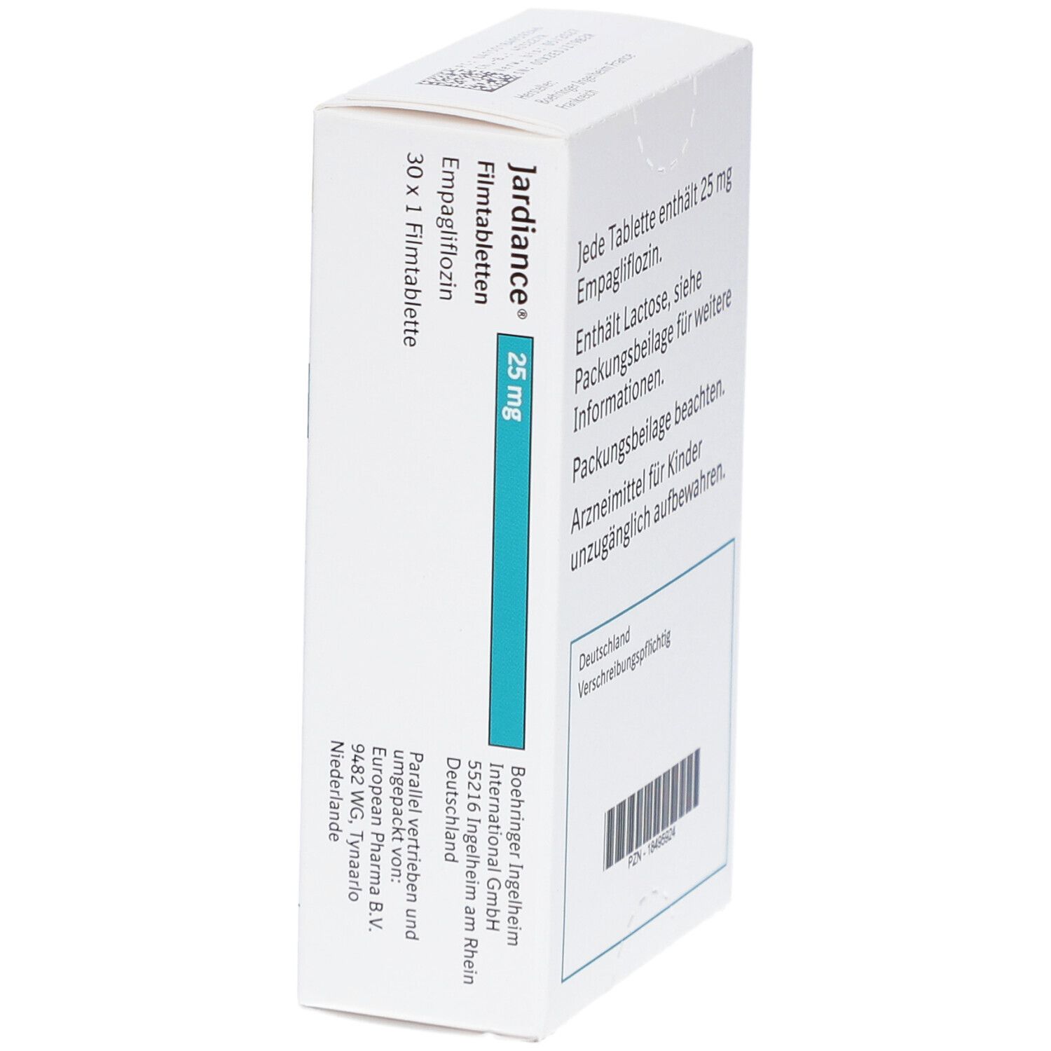 Rückseite der Schachtel mit Filmtabletten Jardiance 25 mg. Textinformationen und Barcode. Hersteller: Boehringer Ingelheim.