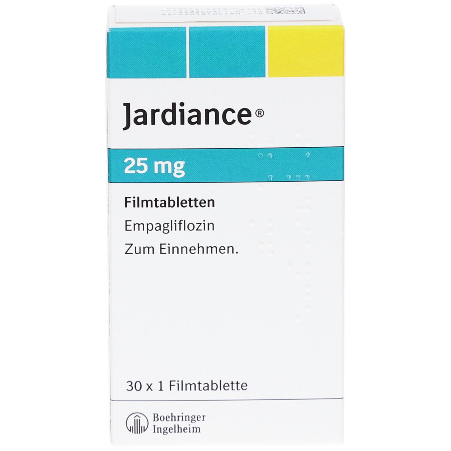 Schachtel mit Filmtabletten. Aufschrift: Jardiance 25 mg. Enthält 30 Tabletten. Hersteller: Boehringer Ingelheim.