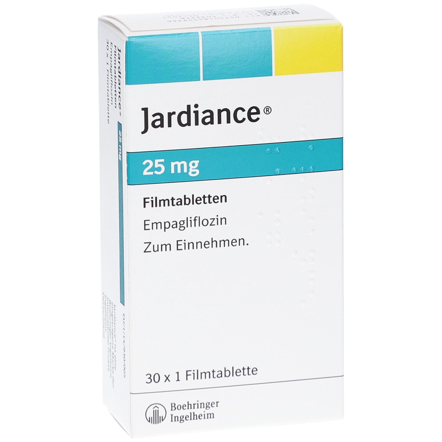 Schachtel mit Filmtabletten. Aufschrift: Jardiance 25 mg. Enthält 30 Tabletten. Hersteller: Boehringer Ingelheim.
