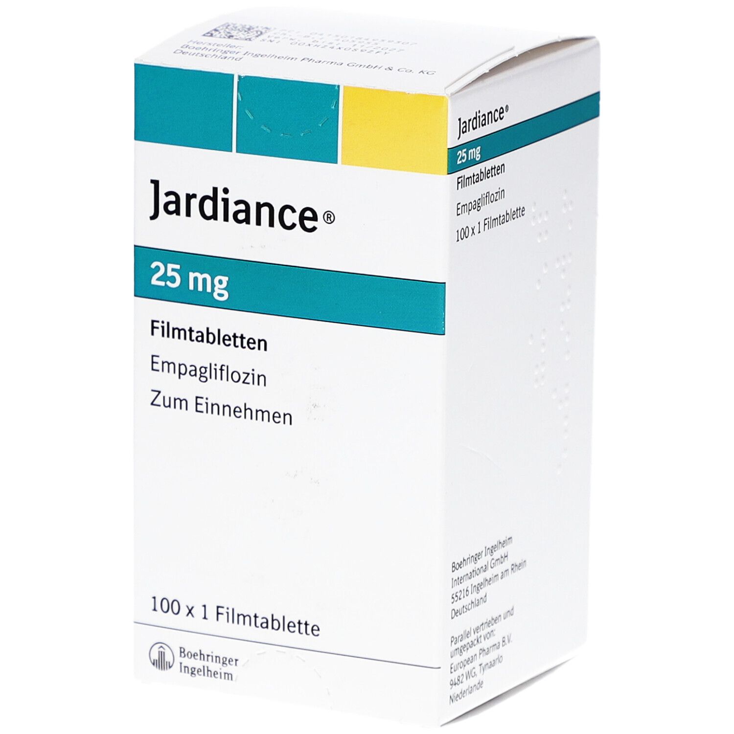 Schachtel mit JARDIANCE 25 mg Filmtabletten. Aufschrift: 25 mg, Filmtabletten, Empagliflozin, 100 x 1 Filmtablette. Hersteller: Boehringer Ingelheim.