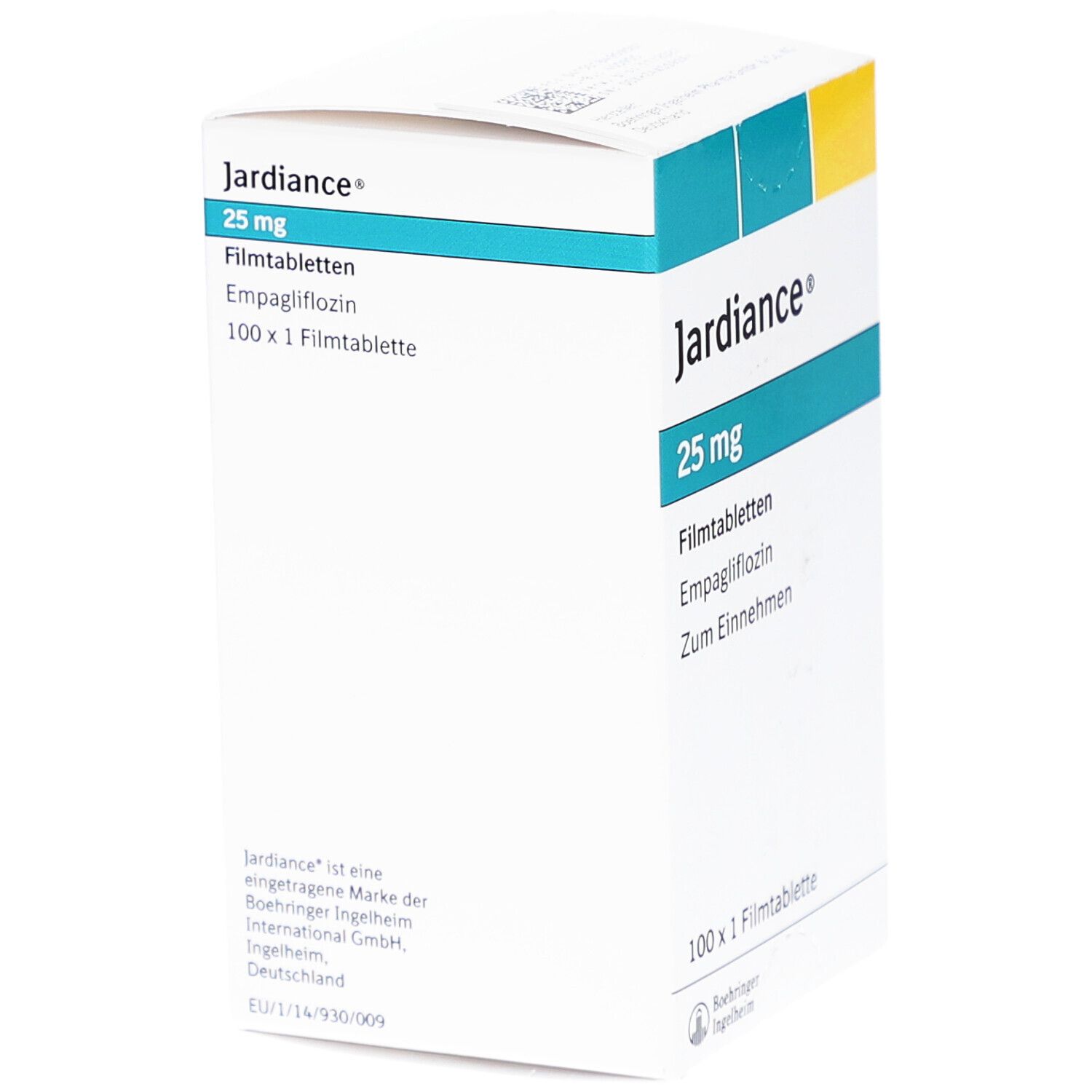 Schachtel mit JARDIANCE 25 mg Filmtabletten. Aufschrift: 25 mg, Filmtabletten, Empagliflozin, 100 x 1 Filmtablette. Hersteller: Boehringer Ingelheim.