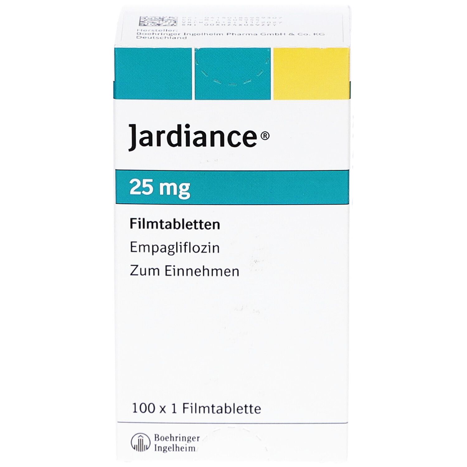 Schachtel mit JARDIANCE 25 mg Filmtabletten. Aufschrift: 25 mg, Filmtabletten, Empagliflozin, Zum Einnehmen, 100 x 1 Filmtablette. Hersteller: Boehringer Ingelheim.