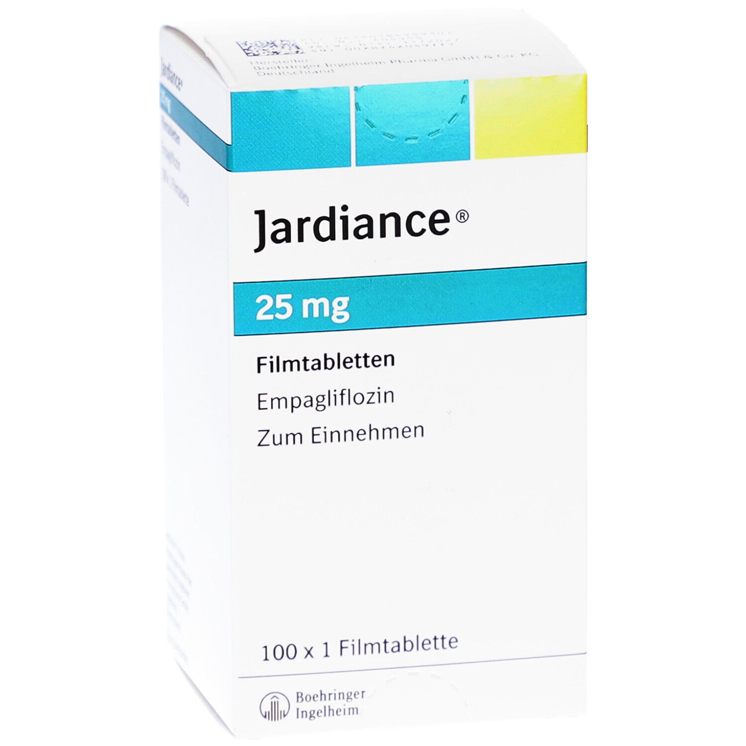 Schachtel mit JARDIANCE 25 mg Filmtabletten. Aufschrift: 25 mg, Filmtabletten, Empagliflozin, Zum Einnehmen, 100 x 1 Filmtablette. Hersteller: Boehringer Ingelheim.