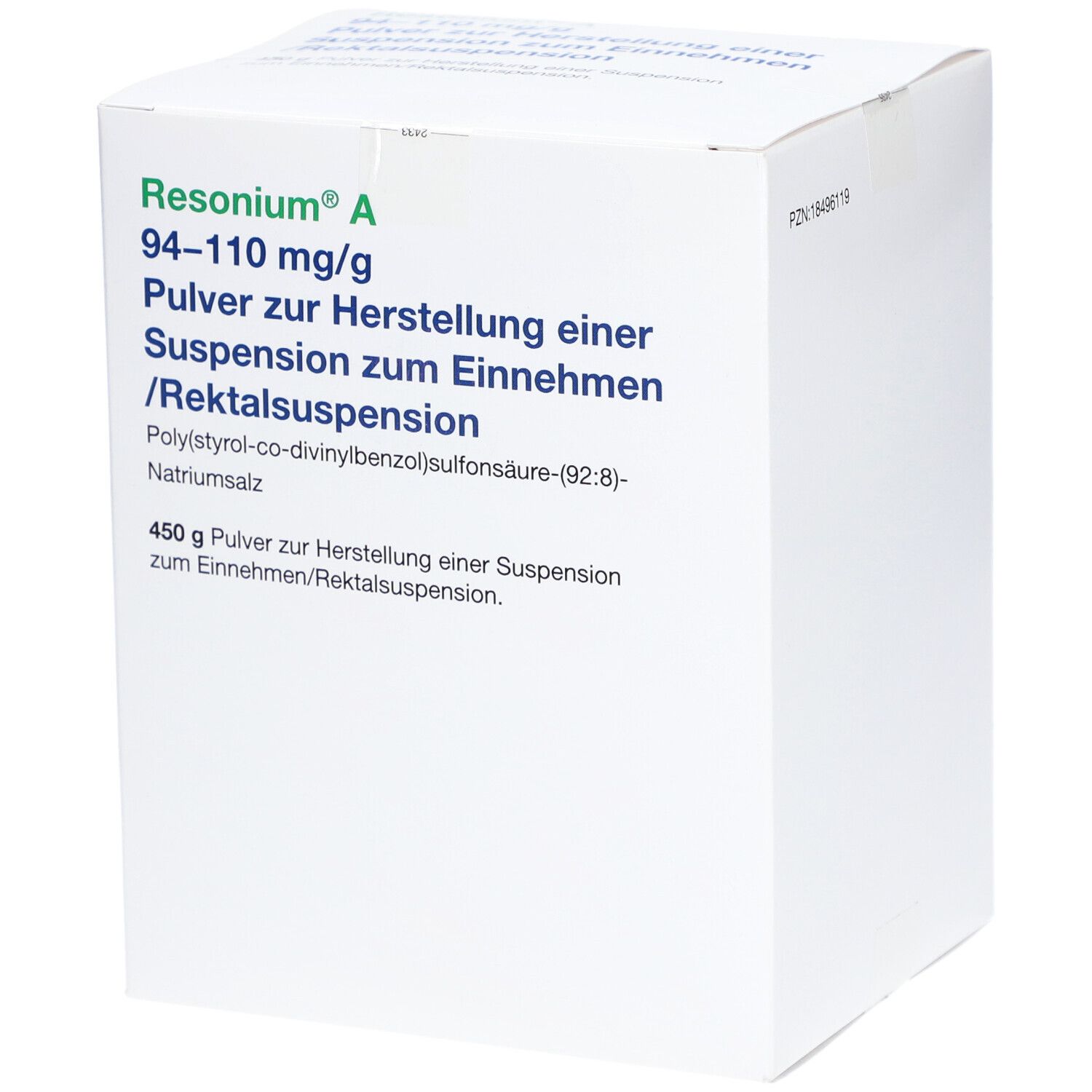 Weiße Schachtel mit Aufschrift Resonium A, 94-110 mg/g. Pulver zur Herstellung einer Suspension. 450 g Pulver. Text in deutscher Sprache.