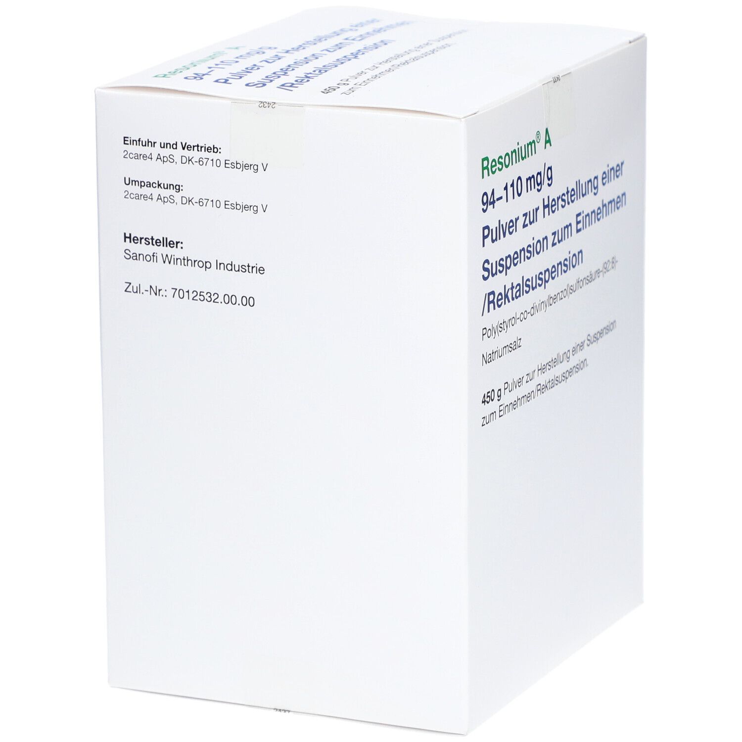 Weiße Schachtel mit Aufschrift Resonium A, 94-110 mg/g. Pulver zur Herstellung einer Suspension. Text in deutscher Sprache.