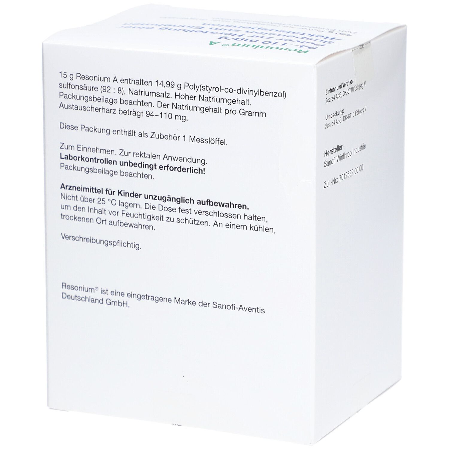 Weiße Schachtel mit Text. 15 g Resonium A. Enthält Natriumsalz. Messlöffel. Arzneimittel für Kinder unzugänglich aufbewahren. Text in deutscher Sprache.