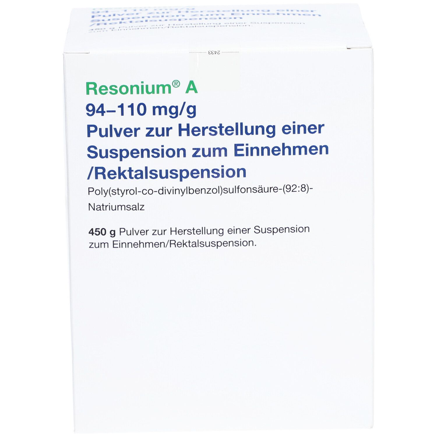Weiße Schachtel mit Aufschrift Resonium A, 94-110 mg/g. Pulver zur Herstellung einer Suspension. 450 g Pulver. Text in deutscher Sprache.