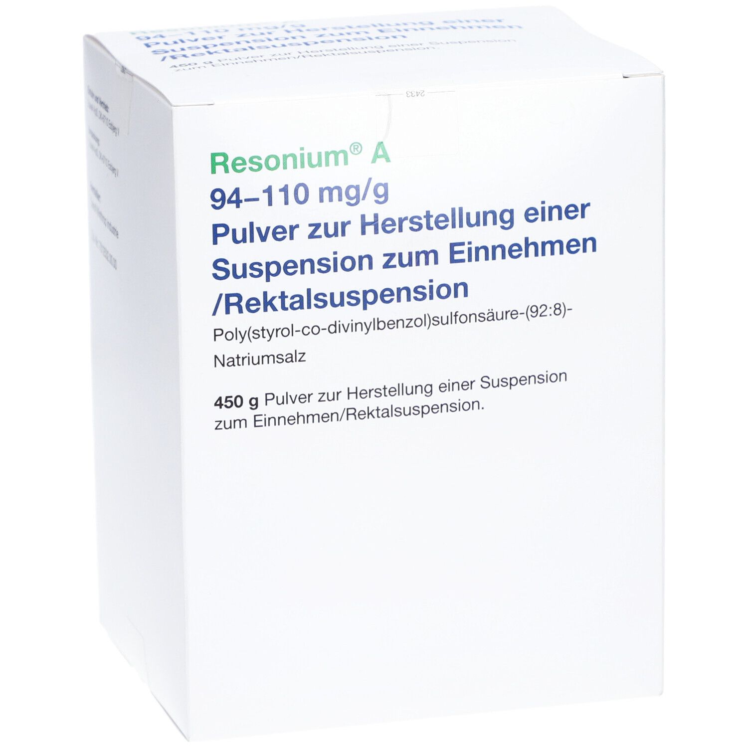 Weiße Schachtel mit Aufschrift Resonium A, 94-110 mg/g. Pulver zur Herstellung einer Suspension. 450 g Pulver. Text in deutscher Sprache.
