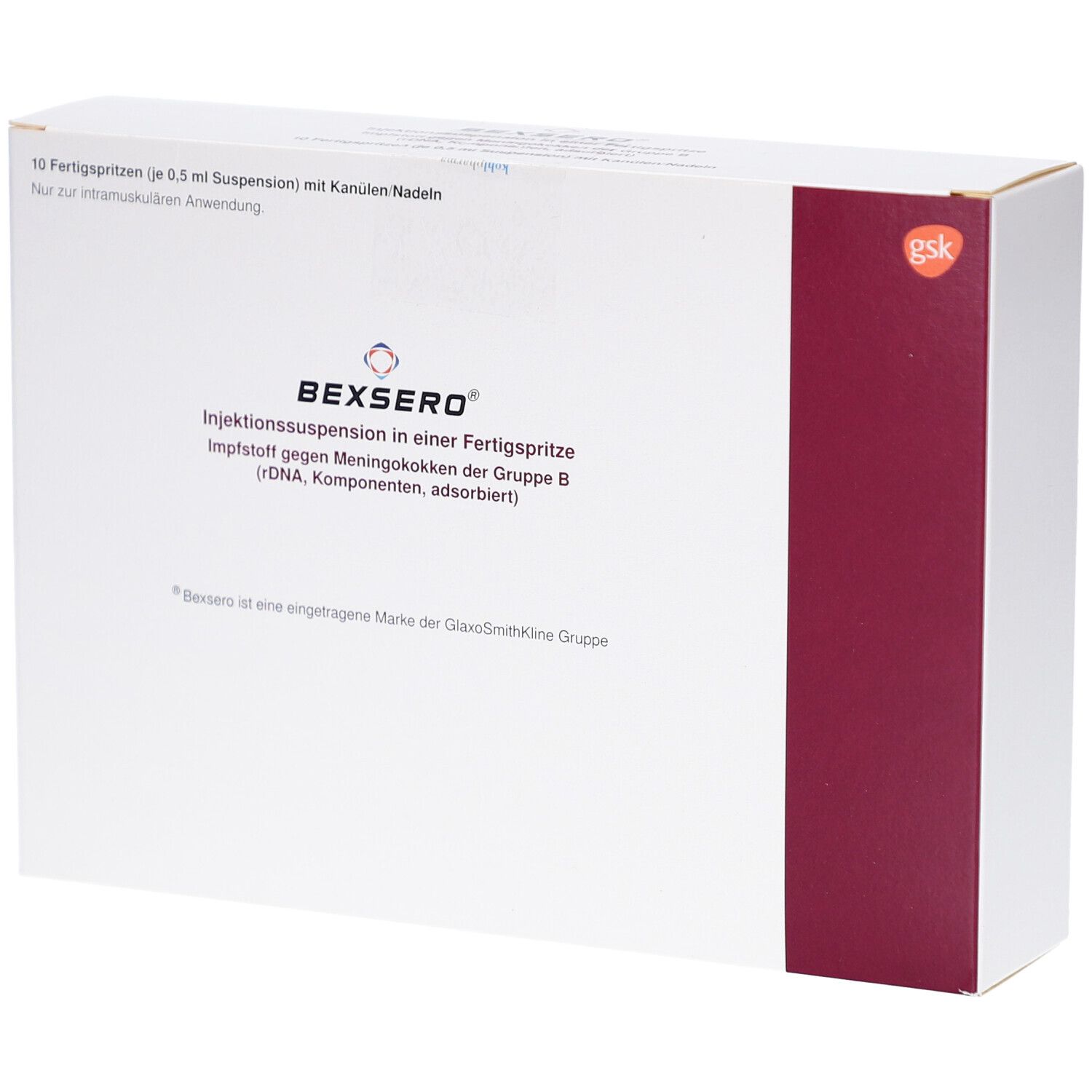 Weiße Verpackung mit Produktinformationen. Aufschrift: BEXSERO Injektionssuspension. 10 Fertigspritzen mit Kanülen. Gsk-Logo.