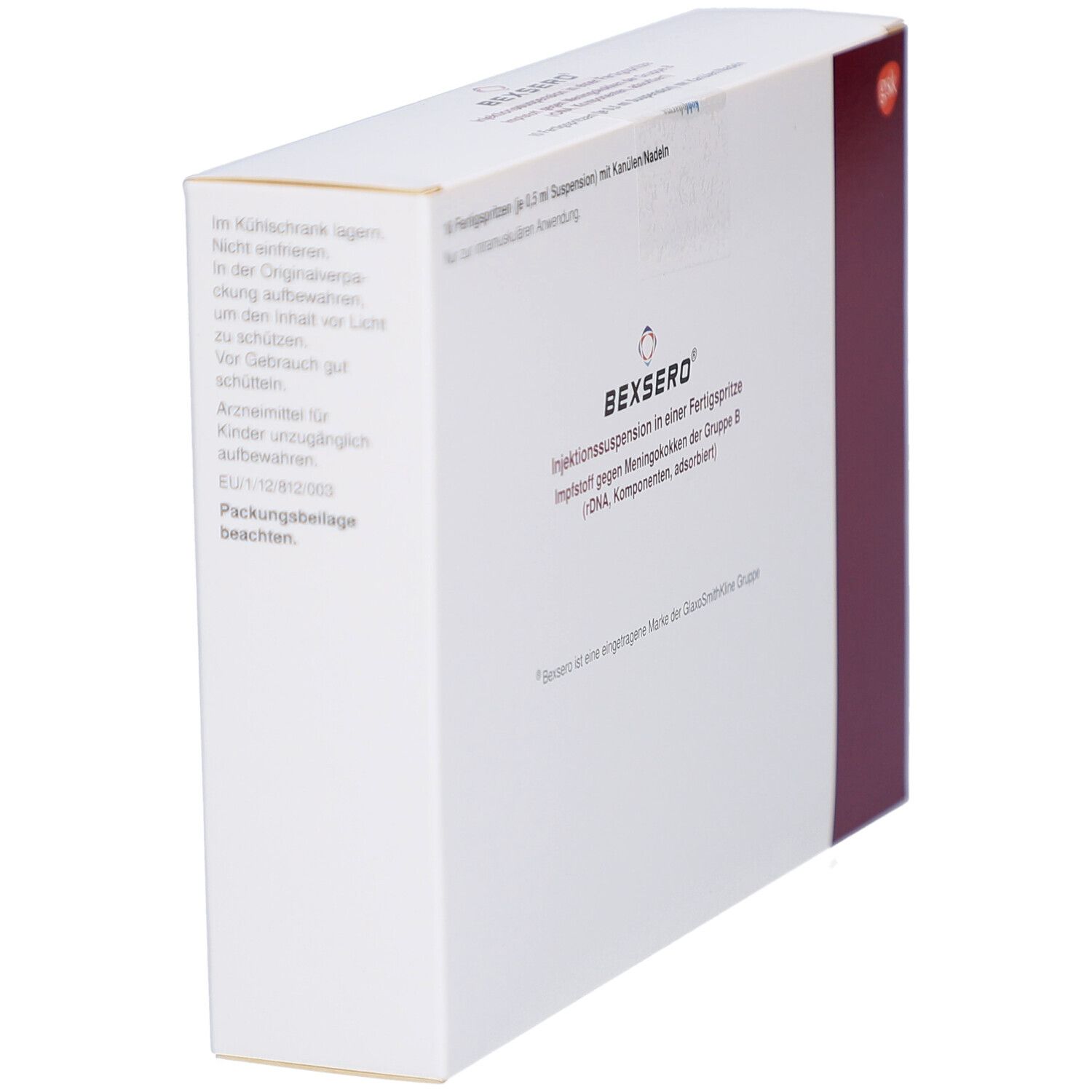 Weiße rechteckige Verpackung mit BEXSERO-Schriftzug. Aufdrucke in Deutsch. Roter Streifen an der Seite.