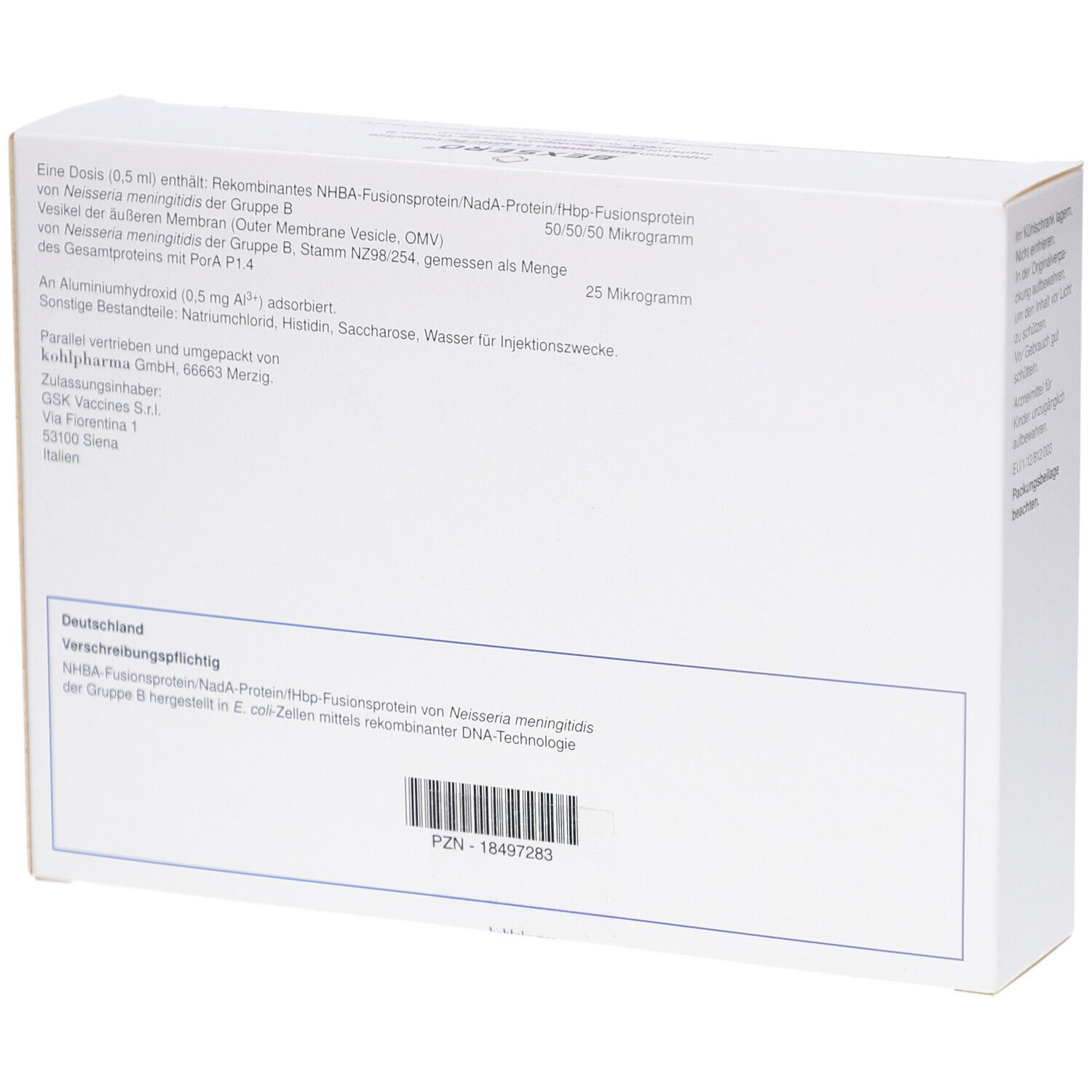 Rückseite der weißen Verpackung mit Text. Enthält Informationen über die Zusammensetzung und Hersteller.