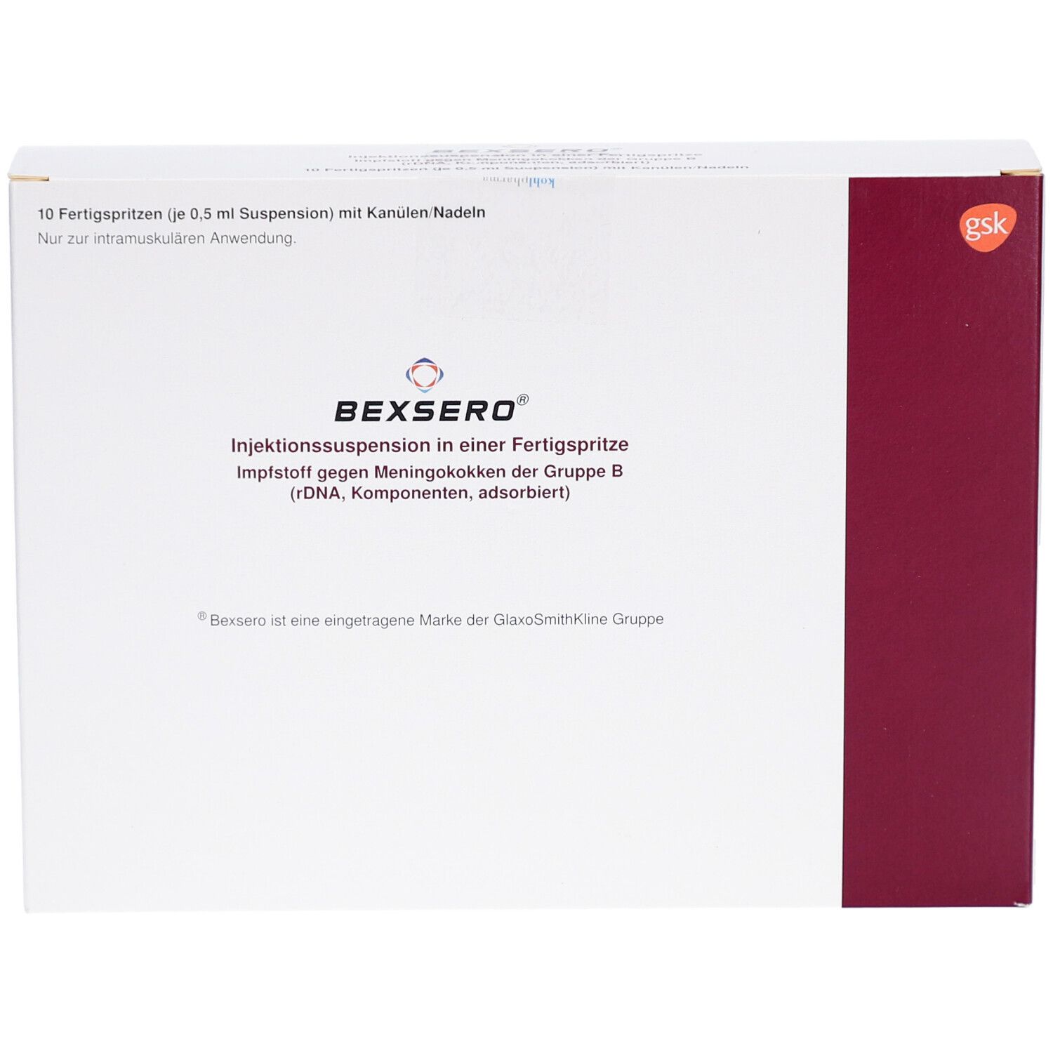 Weiße Verpackung mit BEXSERO-Logo und Text. Enthält 10 Fertigspritzen. Roter Streifen und GSK-Logo.