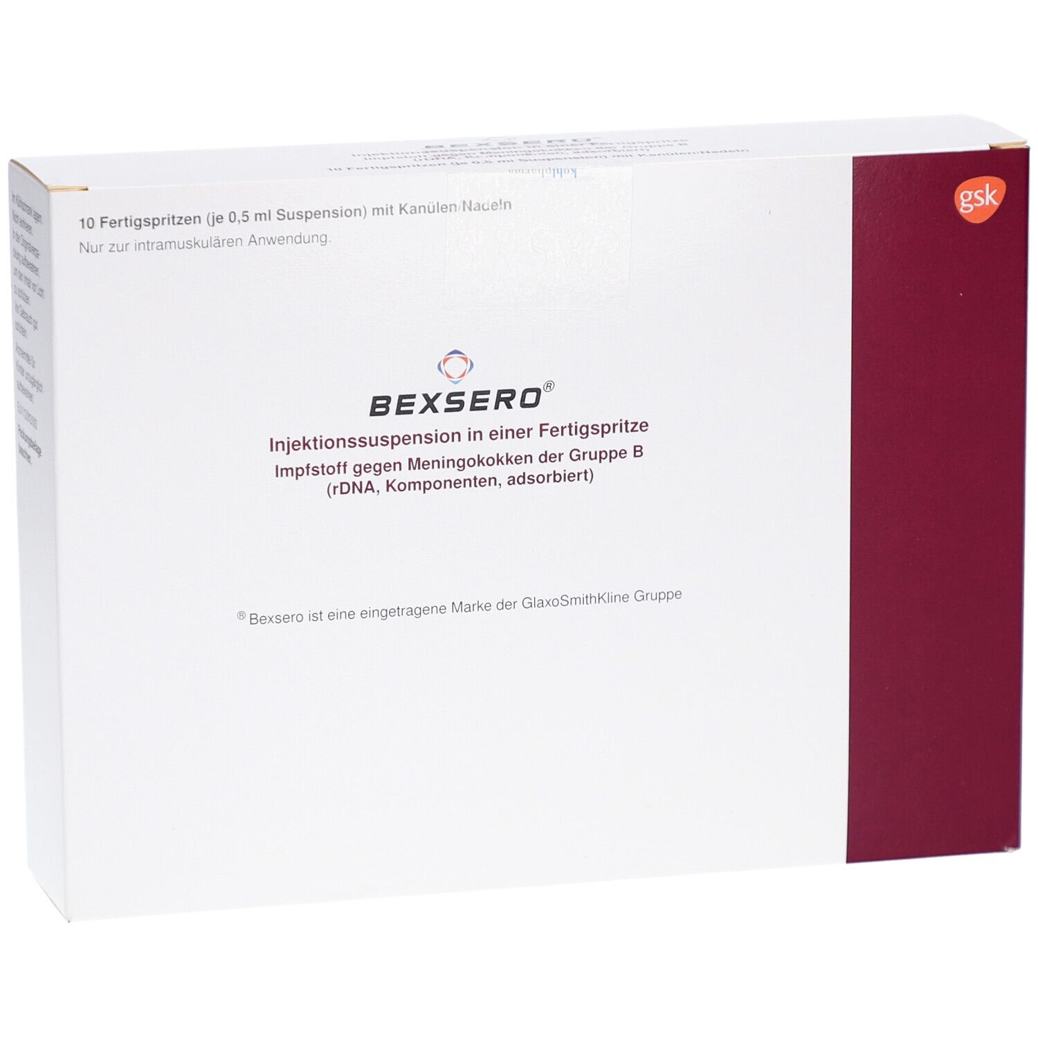 Weiße Verpackung mit BEXSERO-Logo und Text. Enthält 10 Fertigspritzen. Roter Streifen und GSK-Logo.