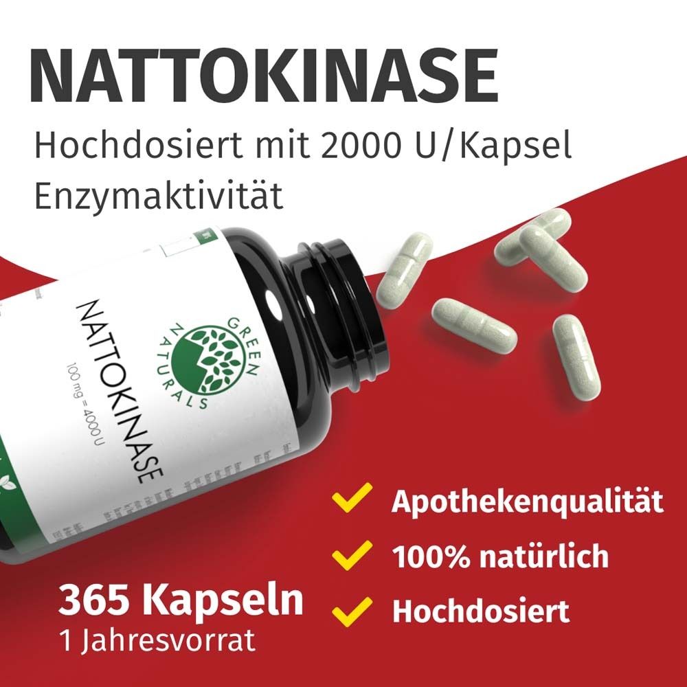 Produktflasche mit Nattokinase-Kapseln. Aufschrift: 365 Kapseln, Apothekenqualität, 100% natürlich, hochdosiert. Roter Hintergrund.