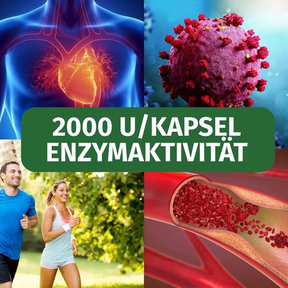 Collage mit Bildern von Herz, Blutgefäßen, Virus und Sportlern. Text: 2000 U/Kapsel Enzymaktivität.