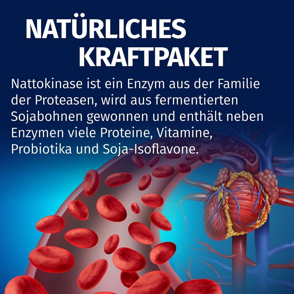 Text-Bild mit Herz und Blutgefäßen. Text: Natürliches Kraftpaket. Nattokinase ist ein Enzym aus fermentierten Sojabohnen.