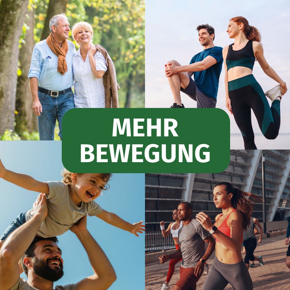 Collage von Menschen, die sich bewegen. Text: Mehr Bewegung.