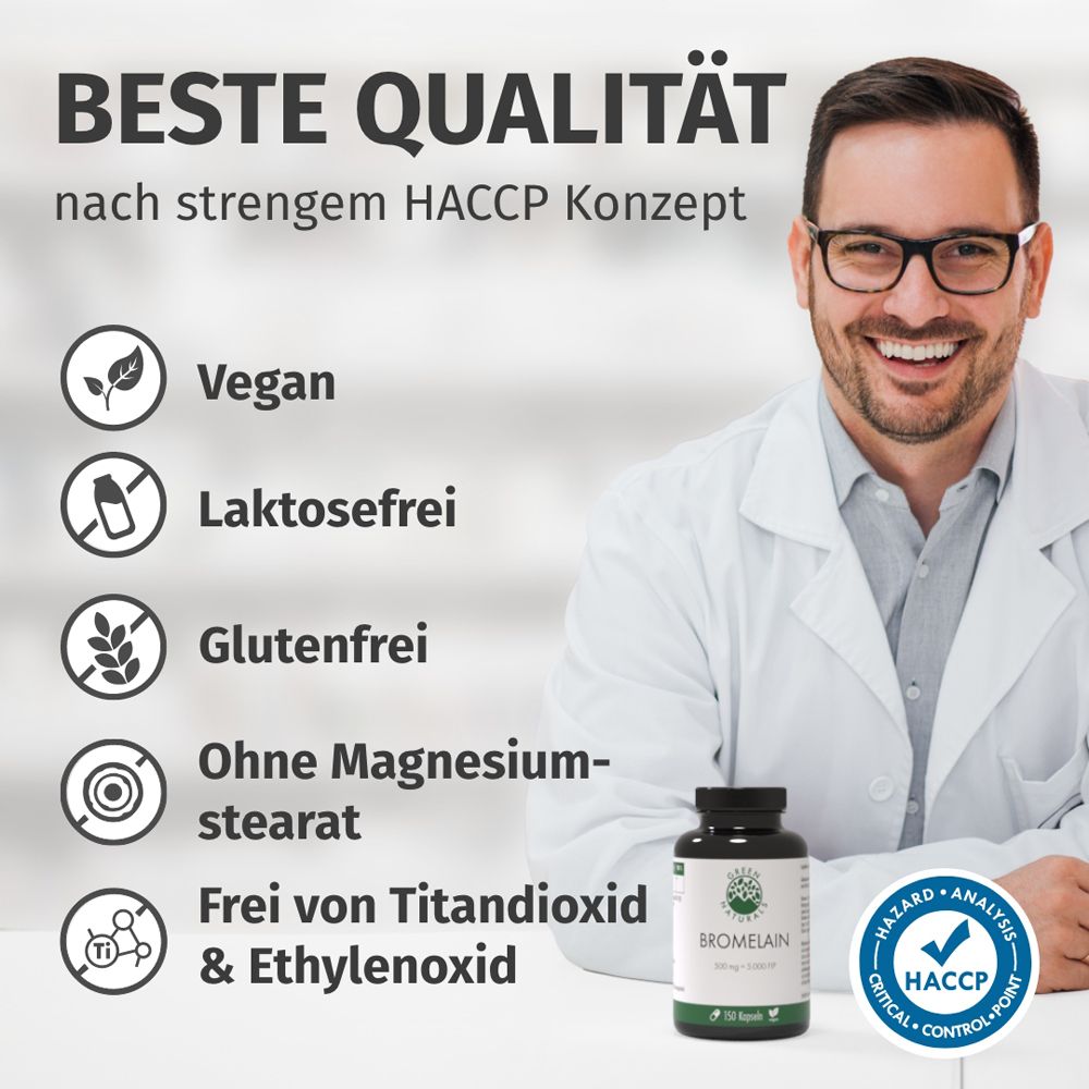 Mann mit Flasche. Text: Beste Qualität, vegan, laktosefrei, glutenfrei, ohne Magnesiumstearat.