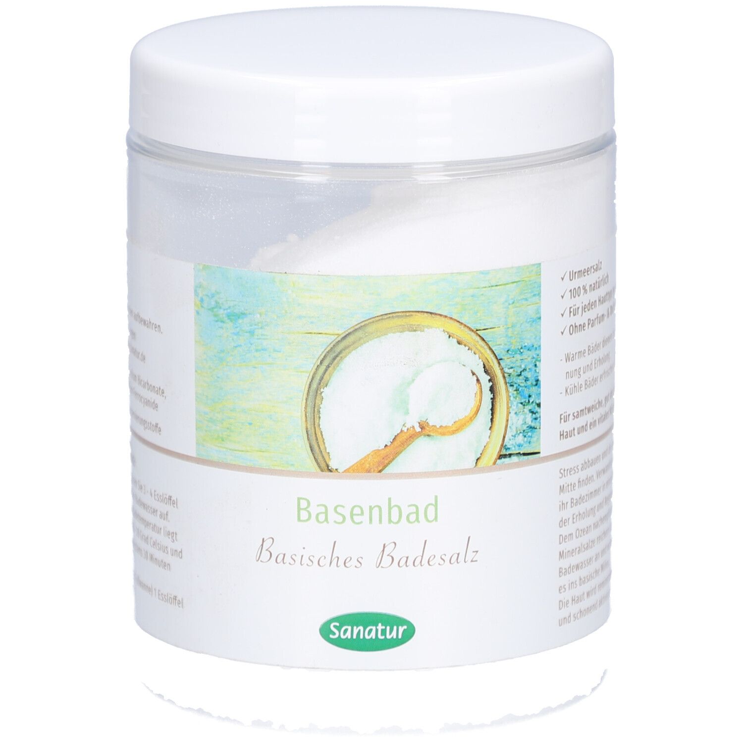 Weißes Badezsalz in einem transparenten Behälter mit weißem Deckel. Aufkleber mit Produktname und Logo.