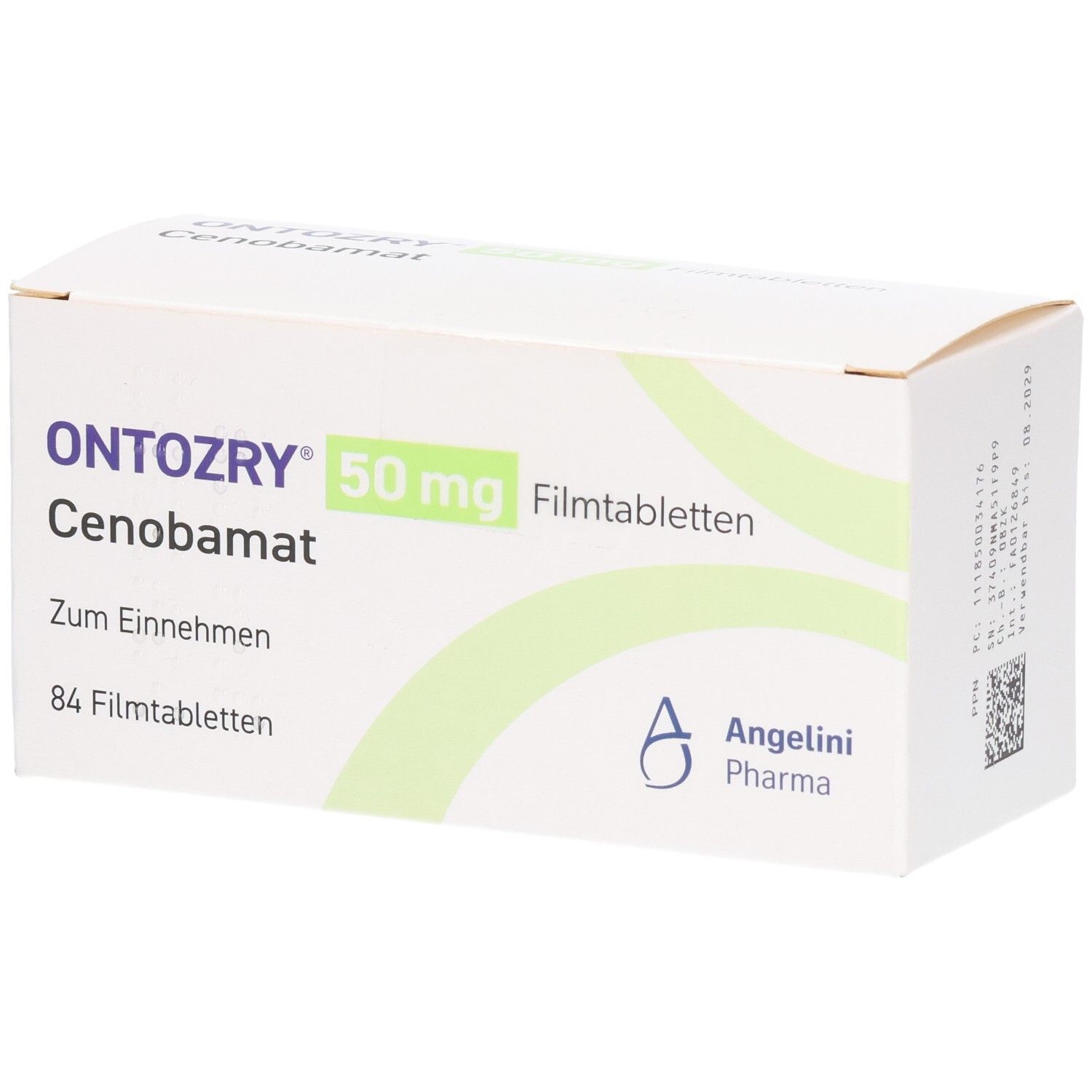 Schachtel mit ONTOZRY 50 mg Filmtabletten. Aufschrift: Cenobamat, 84 Filmtabletten. Logo Angelini Pharma.