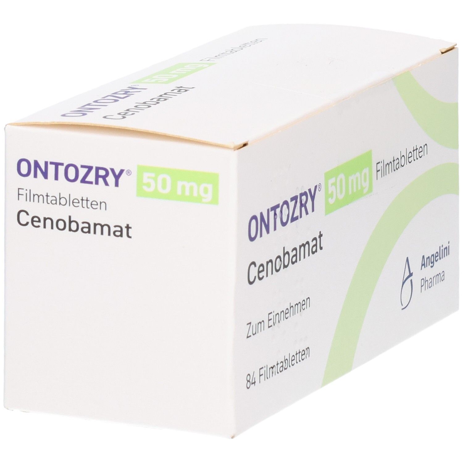 Schachtel mit ONTOZRY 50 mg Filmtabletten. Aufschrift: Cenobamat, 84 Filmtabletten. Logo Angelini Pharma.