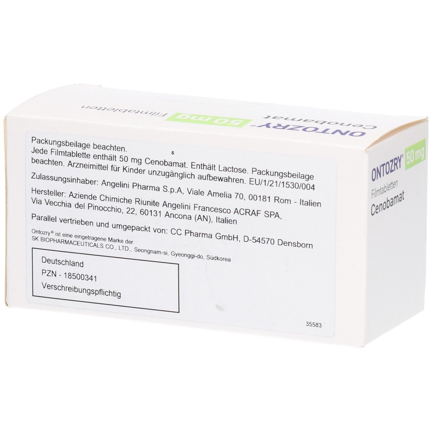 Rückseite der Schachtel mit ONTOZRY 50 mg Filmtabletten. Text: Packungsbeilage beachten, Hersteller, PZN, etc.