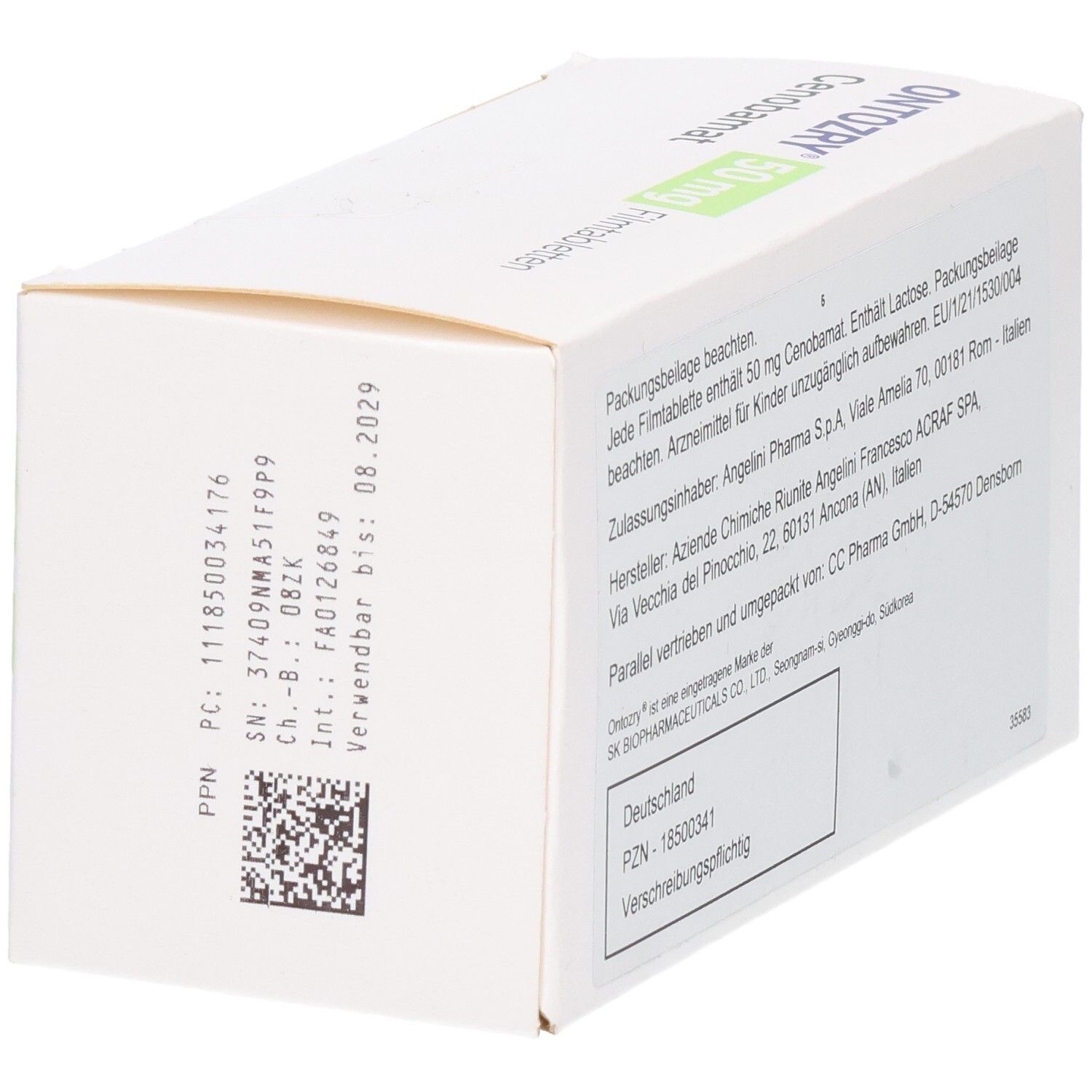 Seite der Schachtel mit ONTOZRY 50 mg Filmtabletten. Text: Chargennummer, Verwendbar bis, PZN, etc.
