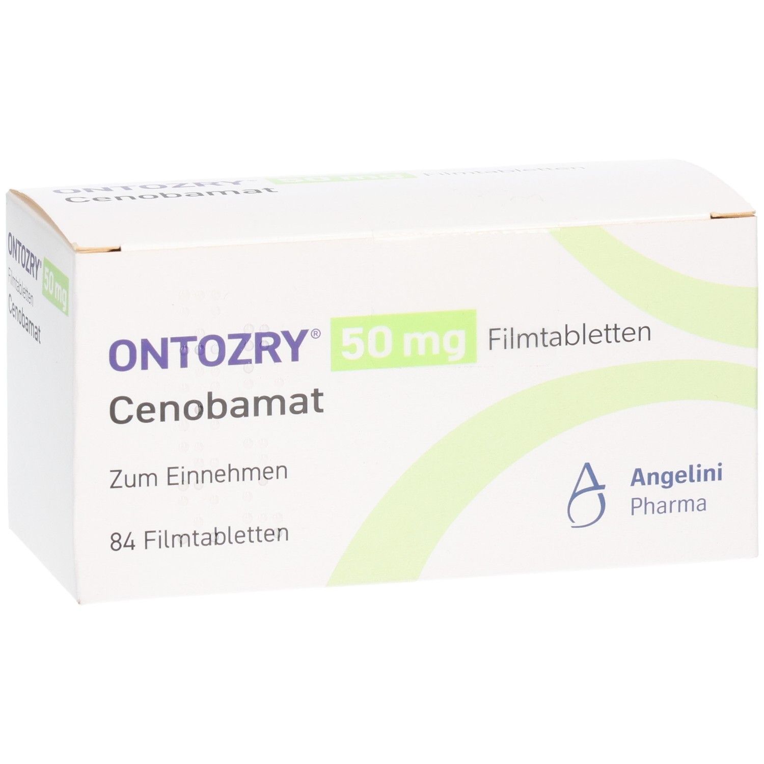 Schachtel mit ONTOZRY 50 mg Filmtabletten. Aufschrift: Cenobamat, 84 Filmtabletten. Logo Angelini Pharma.