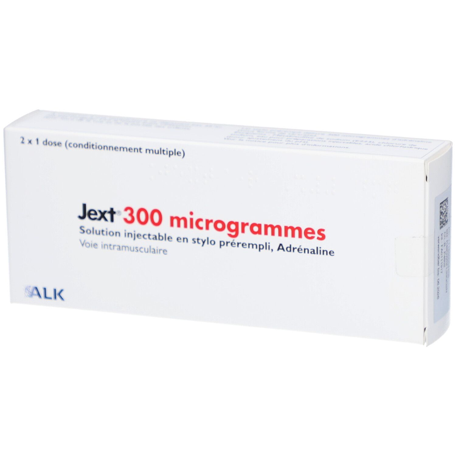 Weiße Schachtel mit roter und schwarzer Schrift. Aufschrift: Jext 300 microgrammes. 2 x 1 Dosis.