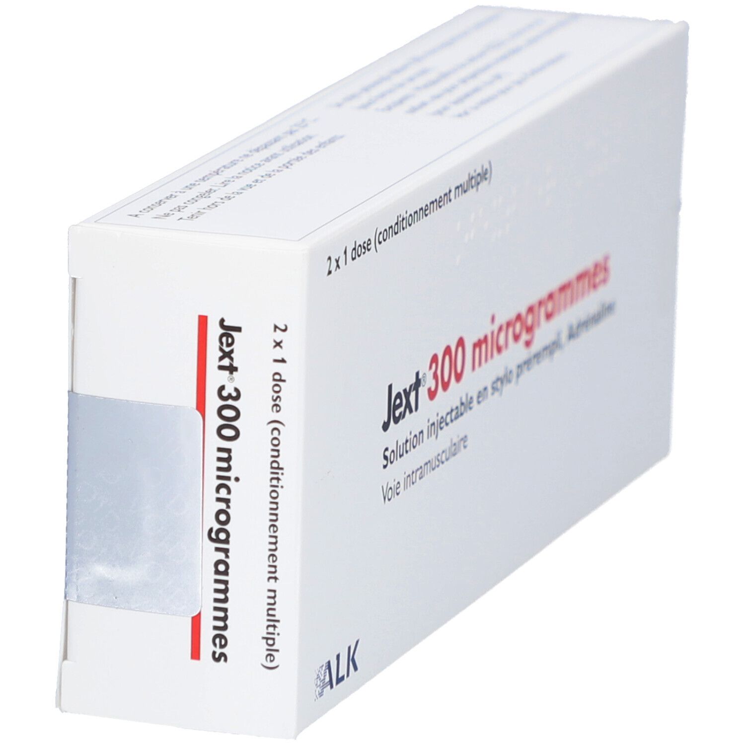 Weiße Schachtel mit roter und schwarzer Schrift. Aufschrift: Jext 300 microgrammes. 2 x 1 Dosis.