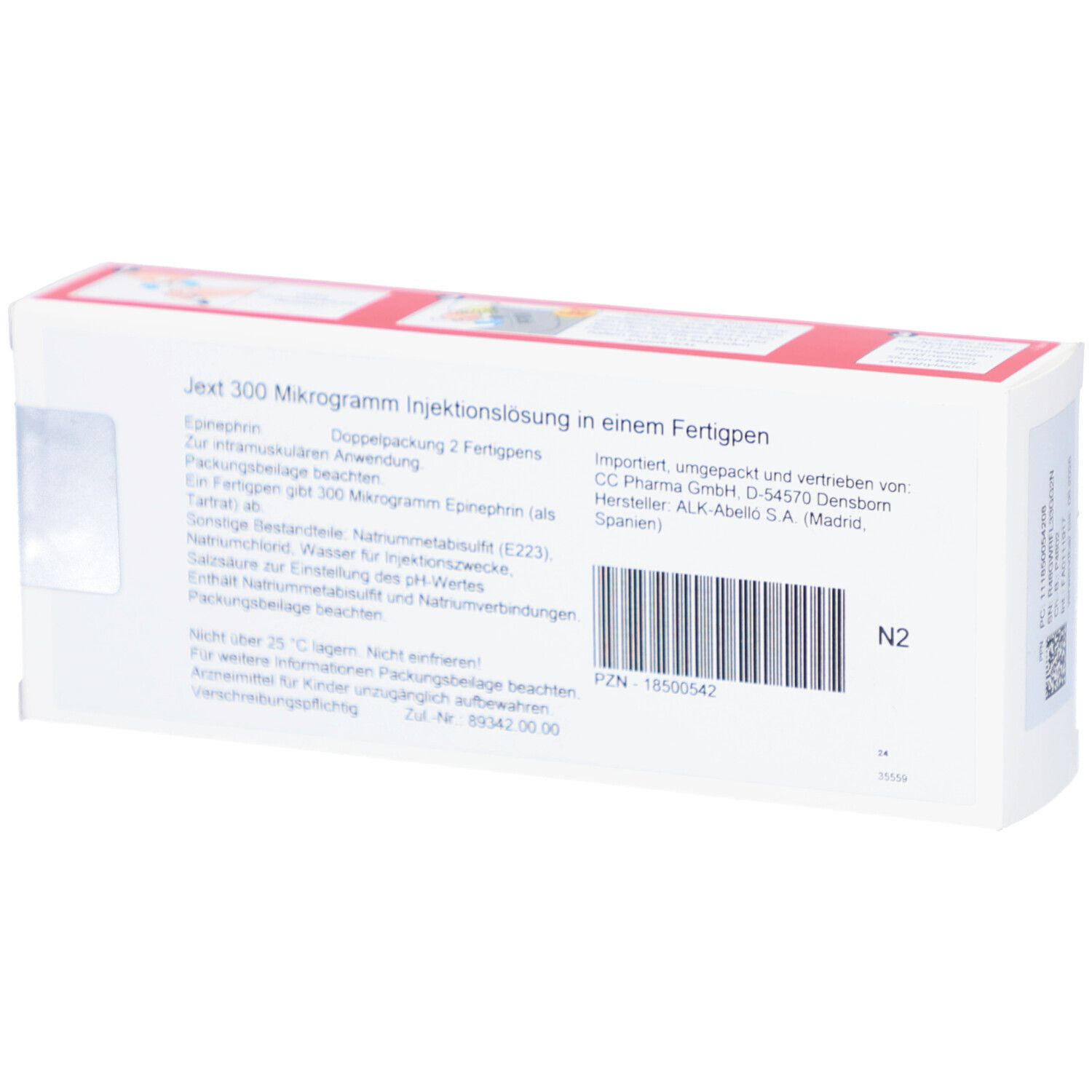 Rückseite der weißen Schachtel. Text: Jext 300 Mikrogramm Injektionslösung. Barcode und weitere Informationen.