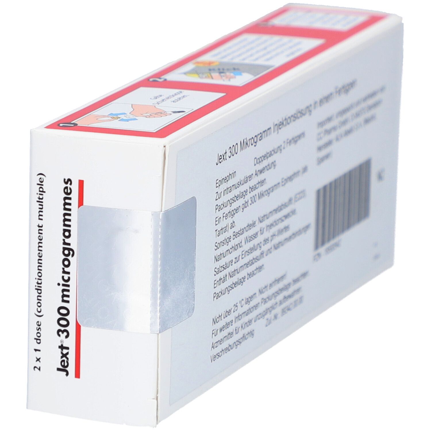 Weiße Schachtel mit roter und schwarzer Schrift. Aufschrift: Jext 300 microgrammes. 2 x 1 Dosis.