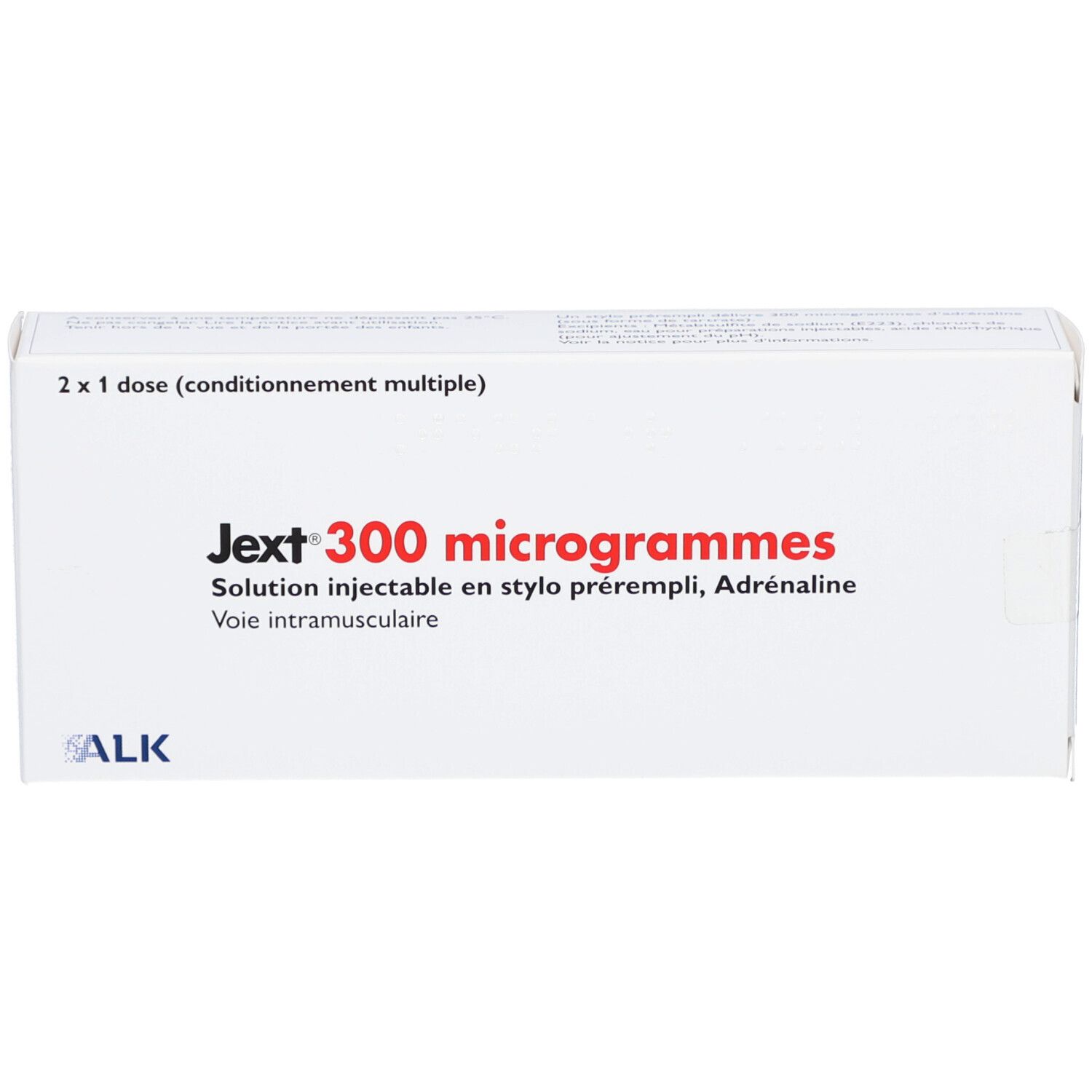 Weiße Schachtel mit roter und schwarzer Schrift. Aufschrift: Jext 300 microgrammes. 2 x 1 Dosis.
