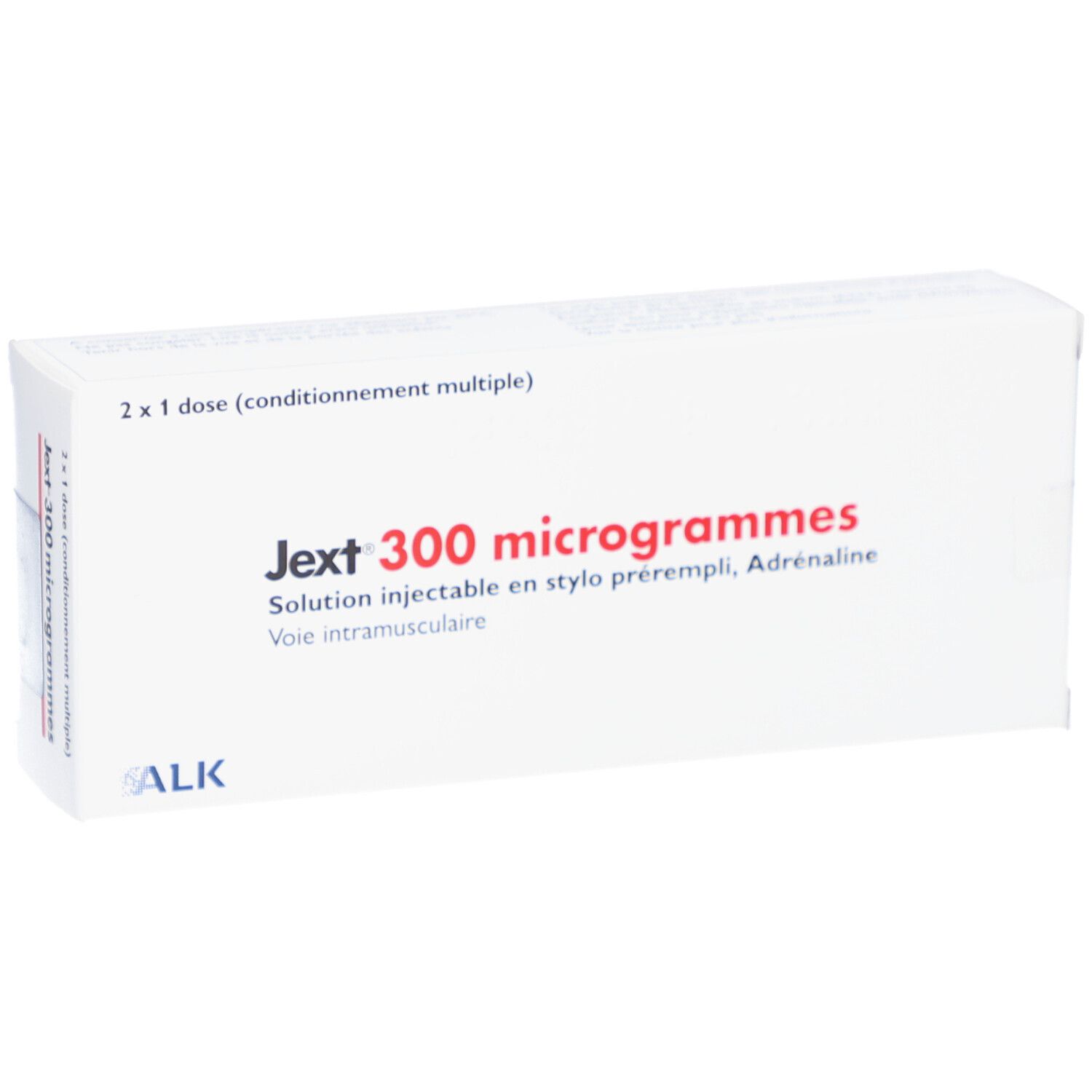 Weiße Schachtel mit roter und schwarzer Schrift. Aufschrift: Jext 300 microgrammes. 2 x 1 Dosis.