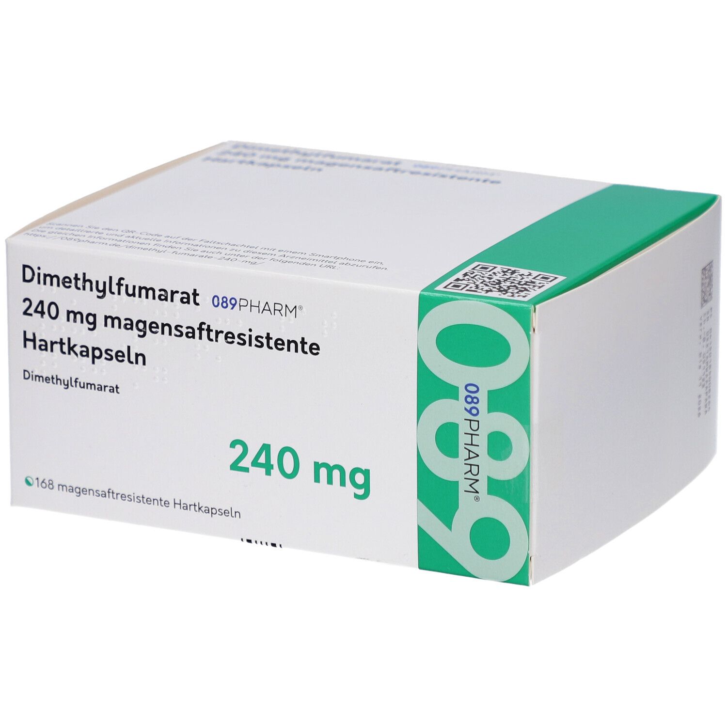 Weißer Karton mit grünen Akzenten. Beschriftung: Dimethylfumarat 240 mg magensaftresistente Hartkapseln. 089Pharm.