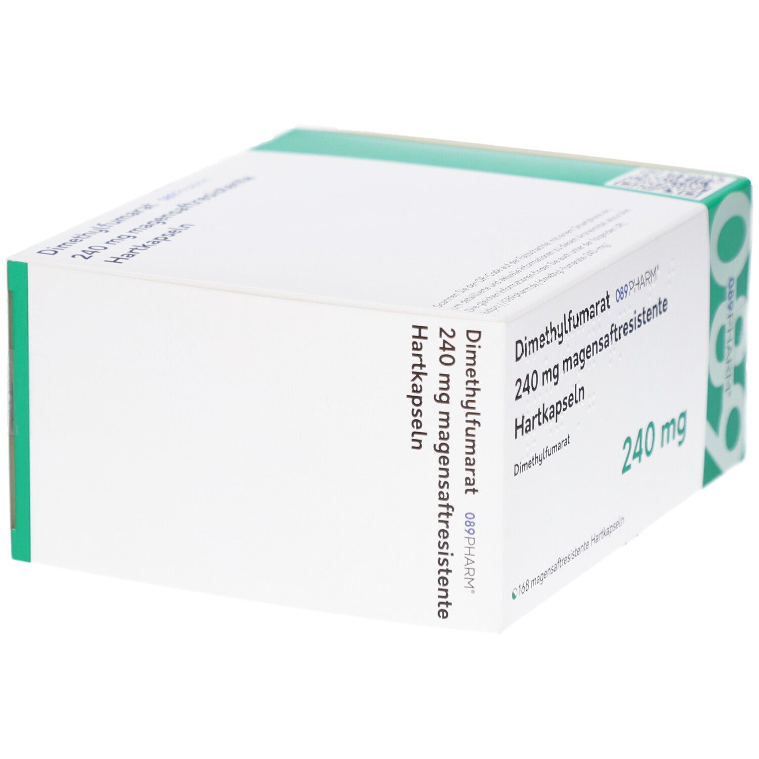 Weißer Karton mit grünen Akzenten. Beschriftung: Dimethylfumarat 240 mg magensaftresistente Hartkapseln. 089Pharm.