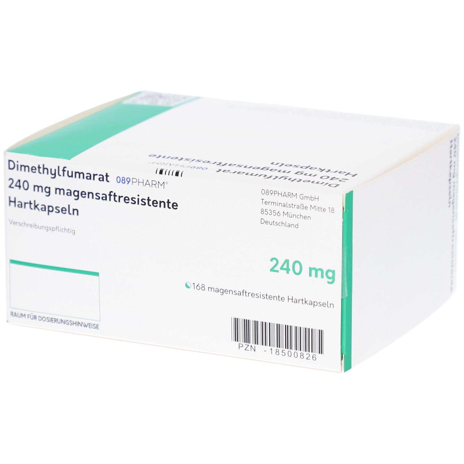 Weißer Karton mit grünen Akzenten. Beschriftung: Dimethylfumarat 240 mg magensaftresistente Hartkapseln. 089Pharm.